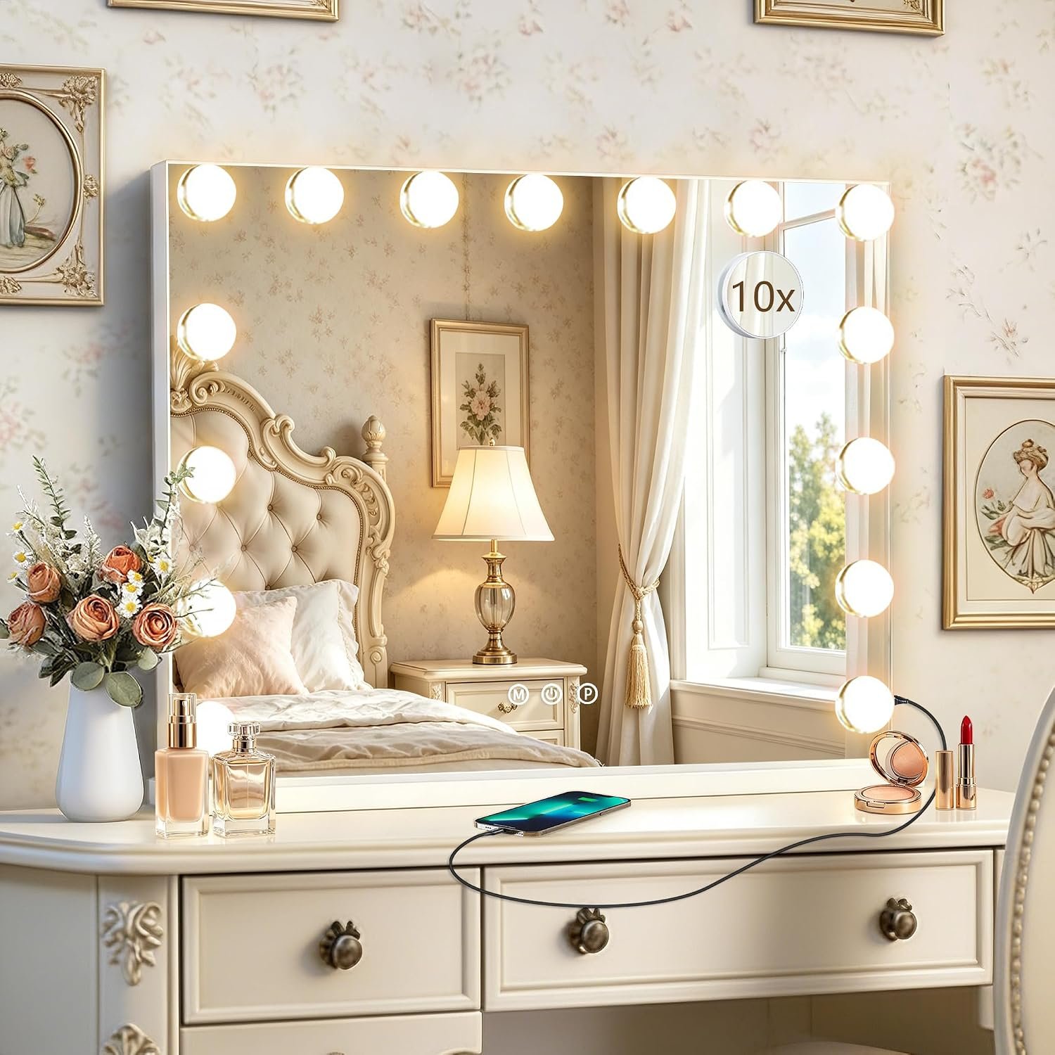 Ratsamee Hollywood Vanity Mirror with Lights, 23″ x 18″, 15 Dimmable Bulbs, 3 Color Lights, Make Up Lighted Mirror, USB Charging Port, Gifts for Women Wife Teengirls White