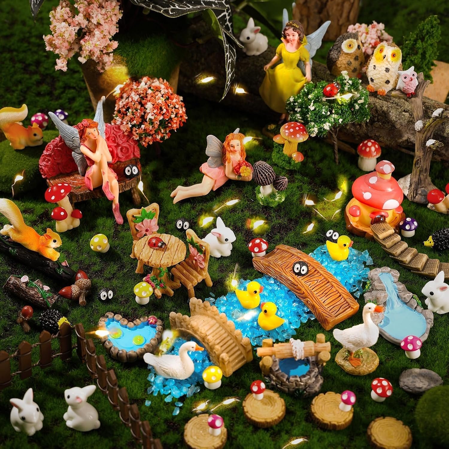 109 Pcs Fairy Garden Accessories Miniature Fairy Figurines Kit | Mini Resin Animals Garden House Supplies Outdoor Decor for DIY Dollhouse