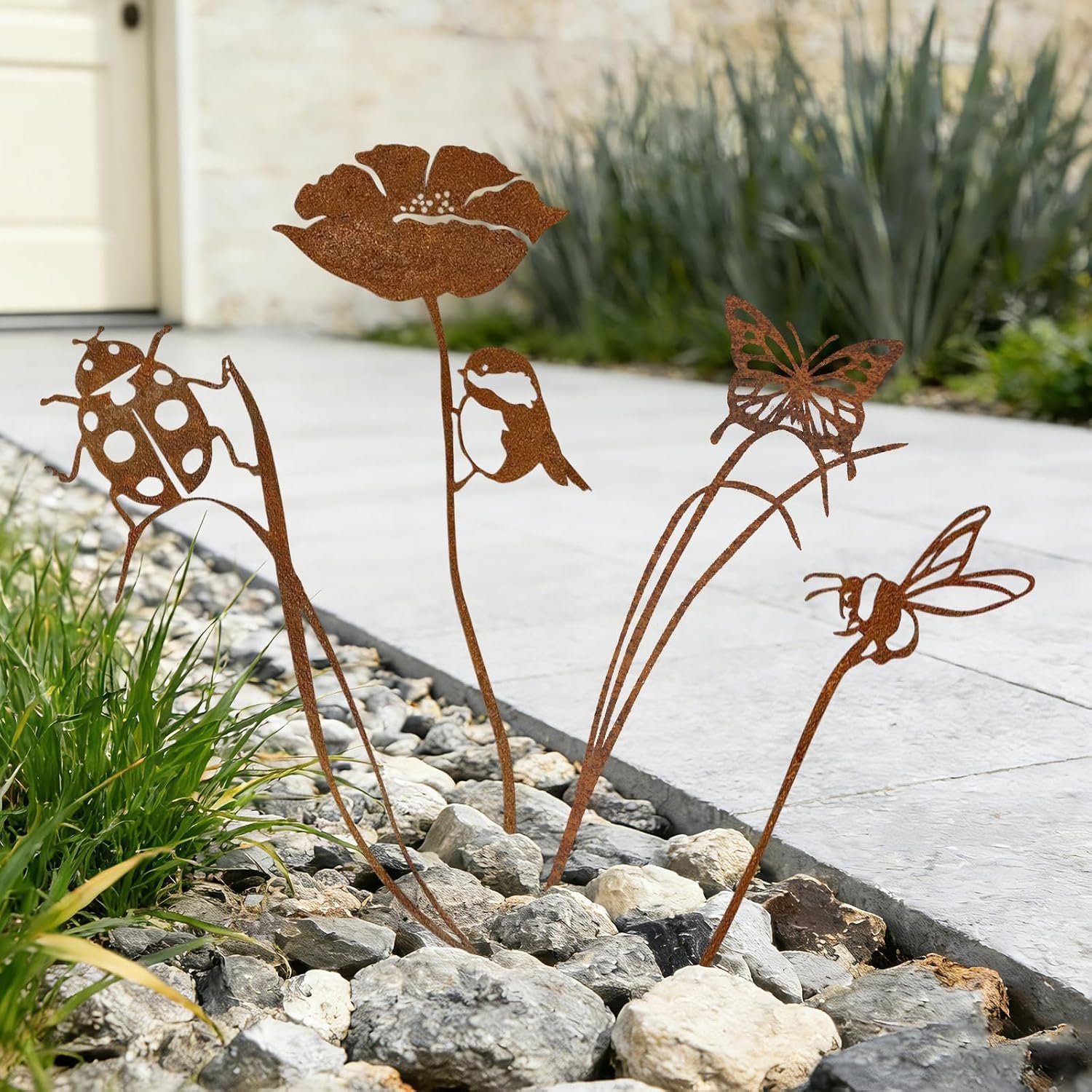 4-Pack Metal Garden Stakes for Outdoor, Rustic Bird Bee Butterfly Ladybug | Outdoor-Resistant Metal, Vintage Rust Finish, Cute Insect Shapes, For Flower Bed Planters Patio Lawn, Gifts for Garden Lovers