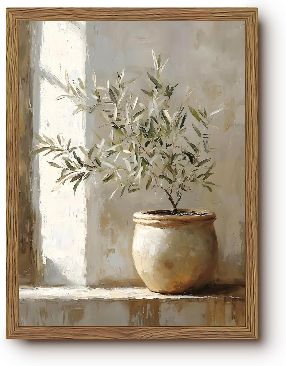Vintage Framed Olive Tree Canvas Wall Art, Neutral Botanical Pictures Wall Decor, Rustic Potted Plant Paintings Prints, Organic Modern Farmhouse Artwork for Living Room Bedroom 12×16 Inch