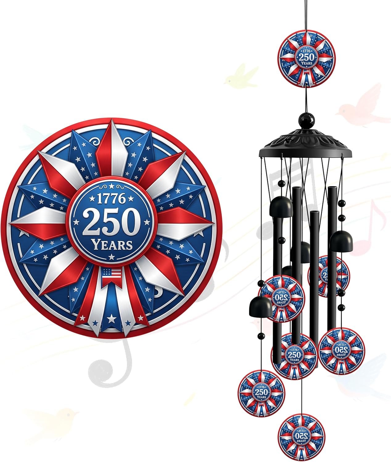 1776-2026 Patriotic Wind Chimes for Outside, American Flag Decor | Red White Blue Hanging Chime with Metal Tubes, Stars and Bells for Garden Decor, Porch, Patio, Yard and Balcony