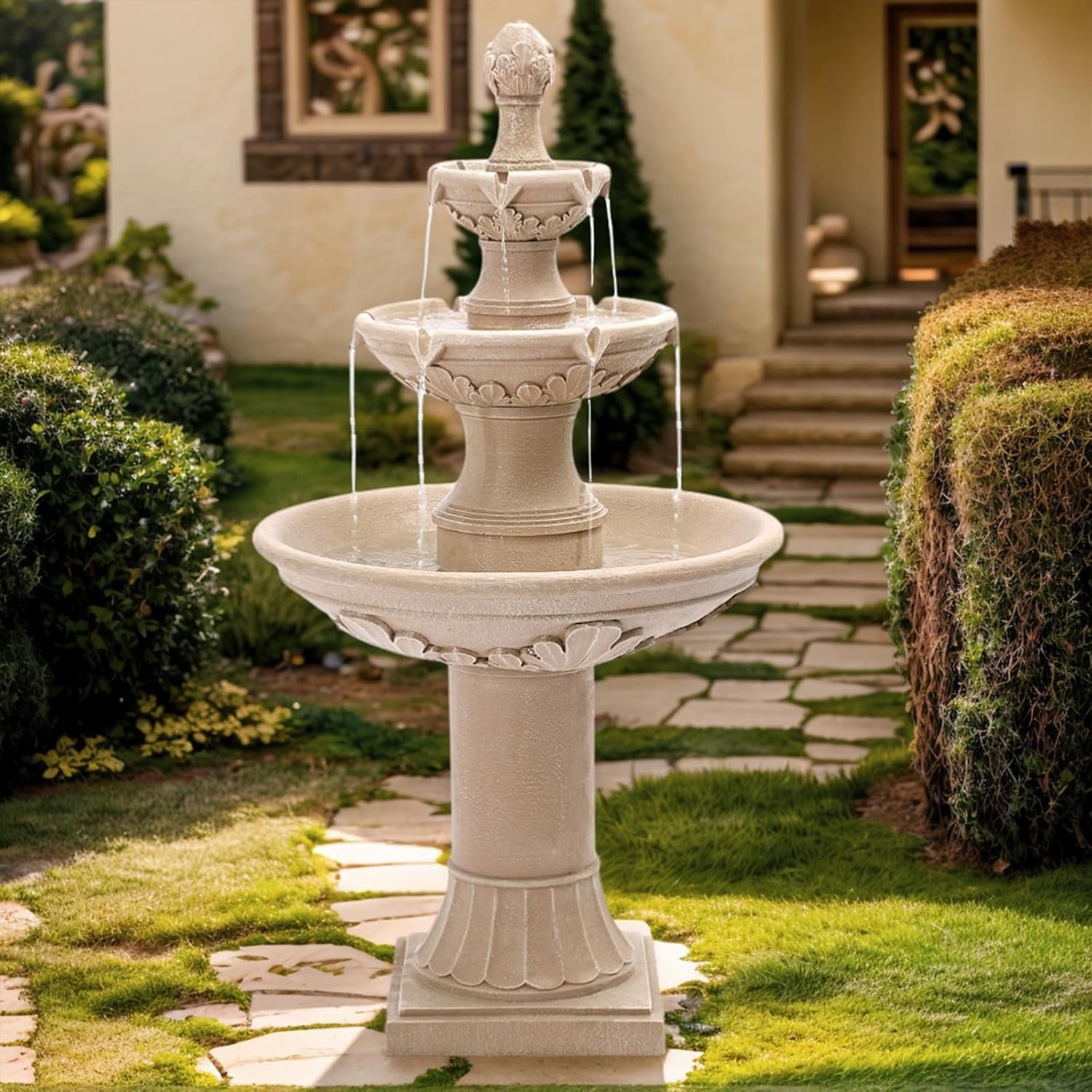3-Tier Outdoor Water Fountain, 48.4″ H Floor Backyard Garden Fountain, Water Feature Indoor with Pump, Outdoor Freestanding Waterfall Fountain, Bernini Fountain for Garden Patio Yard (Beige)