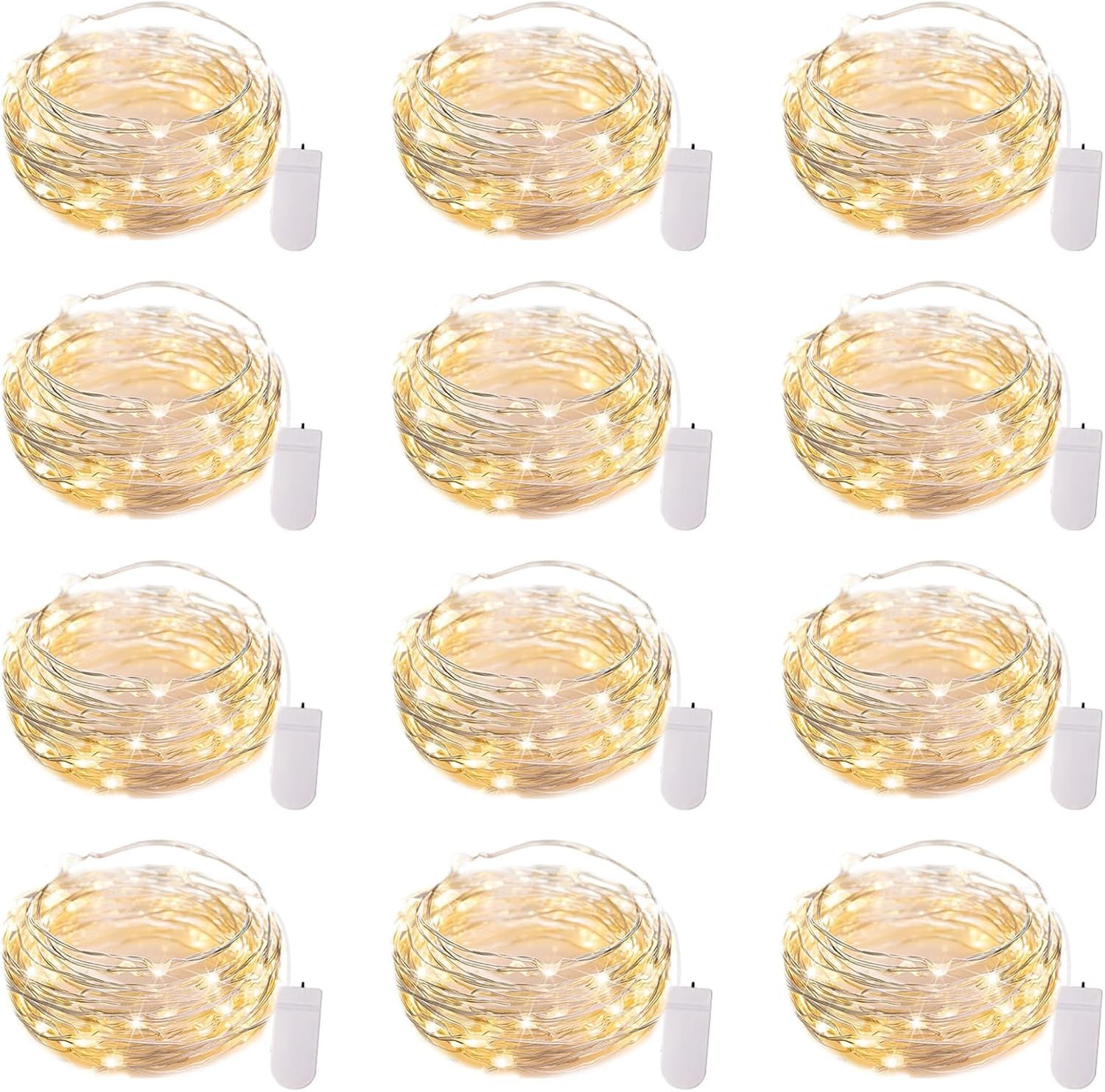 Brightown 12 Pack 7ft Battery Operated LED Fairy Lights for Xmas Decoration | 20 LED Bulbs, Warm White Glow, Waterproof, Flexible Silver Wire, Lovely for DIY Crafts Wedding Table Centerpieces Decoration