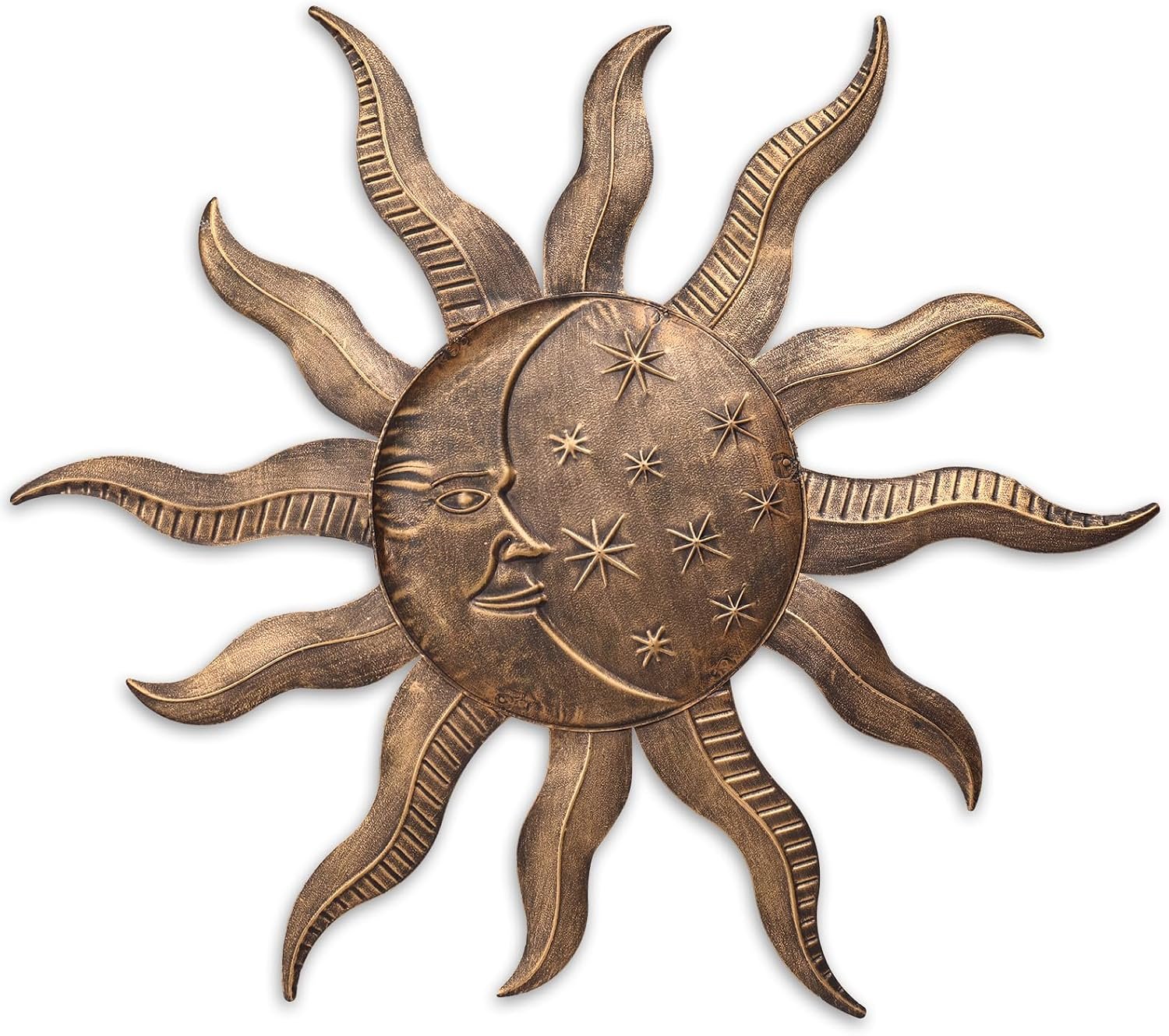 VCUTEKA Outdoor Metal Wall Art 27 Inch Sun and Moon Wall Decor for Fence | Celestial sun and moon design brightens walls, with weather-resistant metal and easy back hook for patio, porch and garden