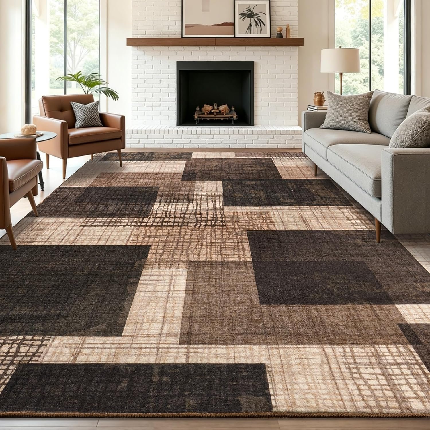 8×10 Washable Area Rug for Living Room Modern Geometric Patchwork Brown | Non Slip Large Carpet for Bedroom Dining Room, Soft Stain Resistant Indoor Low Pile Rug with Rubber Backing, Flame Resistant