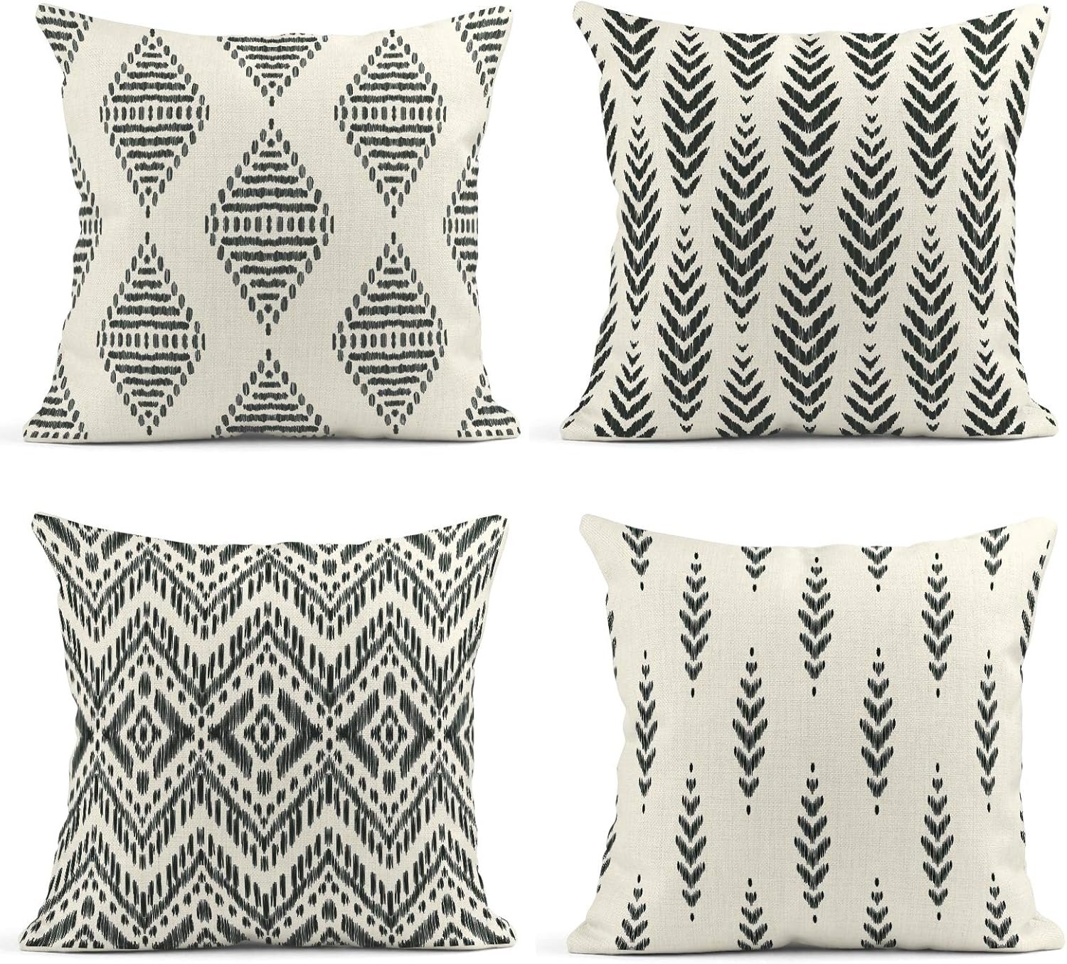 Linen Throw Pillow Covers Set of 4, 18 x 18 Inch, Boho Tribal | Ikat Herringbone Ethnic, Outdoor Decorative Square Pillow Cases Couch Cushion Case for Couch Bed Sofa Living Room Home Decor