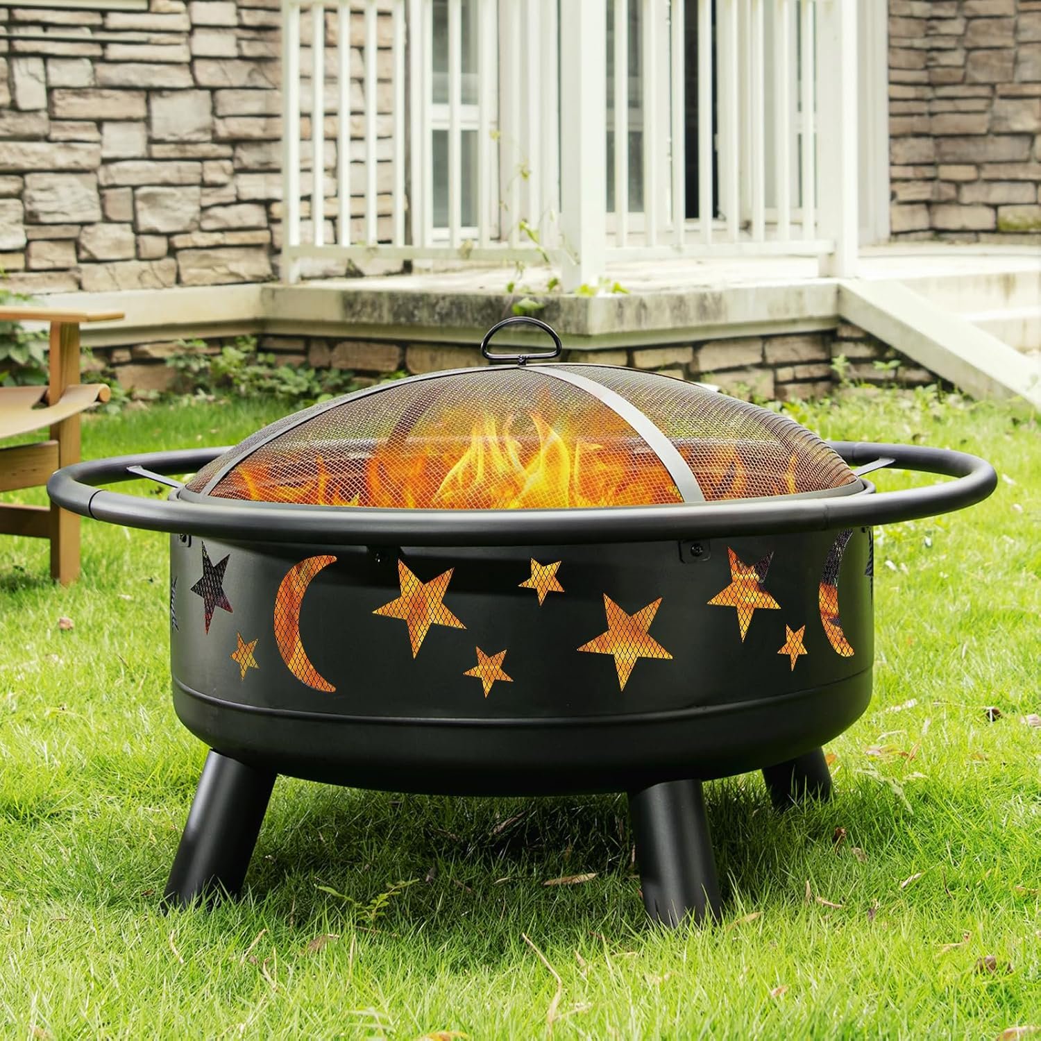32 Inch Round Fire Pit with Mesh Cover, Fire Poker, Star and Moon Design, Metal Wood Burning Outdoor Firepit for Patio, Backyard, Garden, Bonfire Party,Perfect for Christmas, Thanksgiving, Halloween | Includes spark screen, fire poker, star-and-moon cutout design; for patios, backyards, camping, Thanksgiving and Christmas