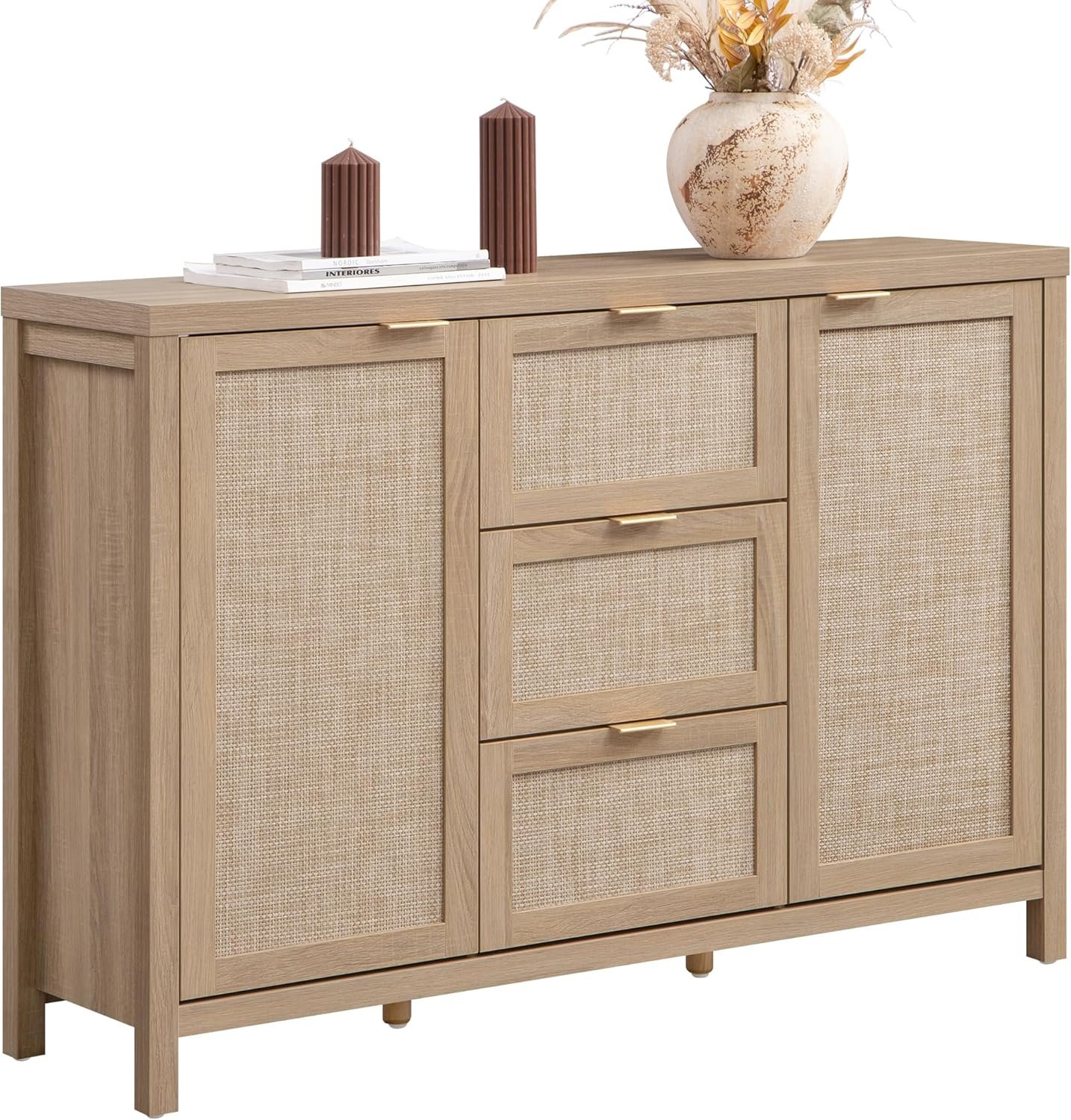 SICOTAS 52 Inch Sideboard Buffet Cabinet with Storage, Rattan Credenza | Farmhouse Boho Coffee Bar Cabinet Storage Cabinet with 3 Drawers, Console Table for Living Room, Kitchen, Hallway
