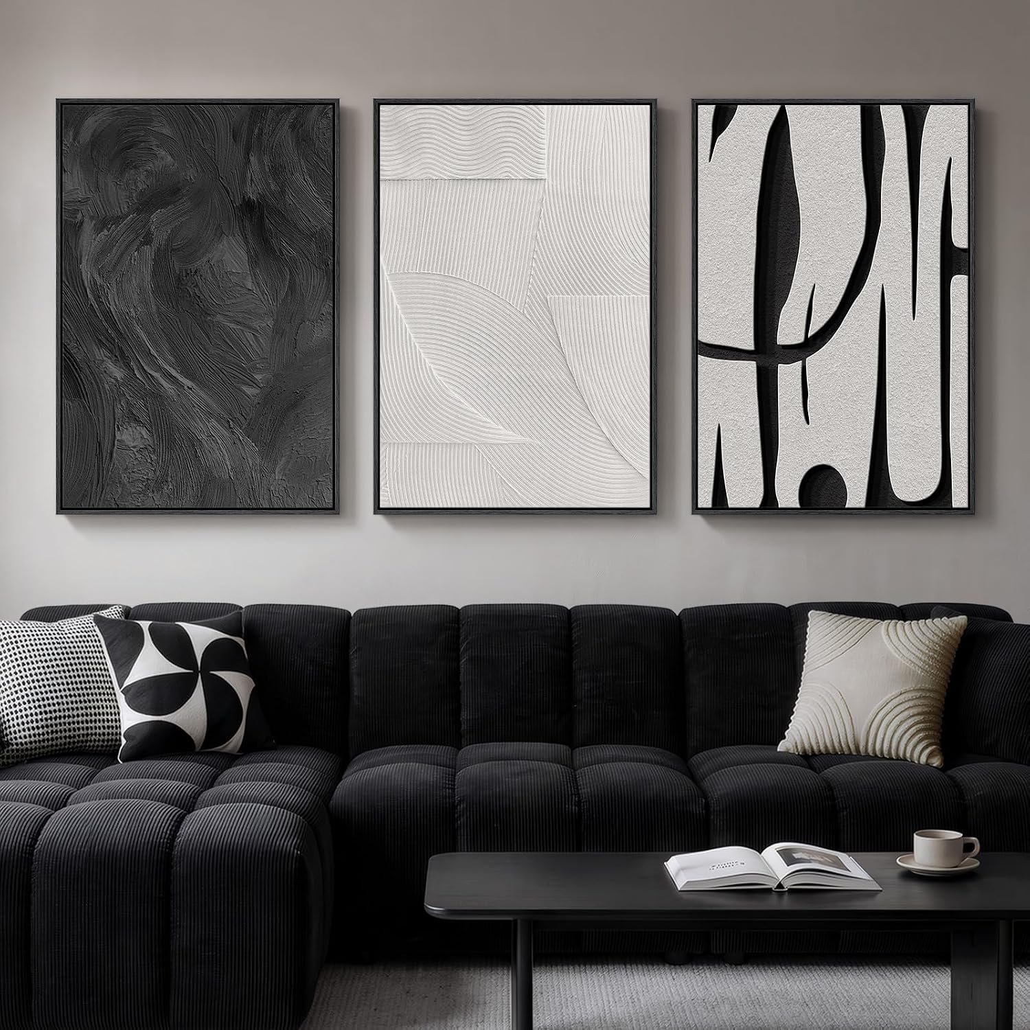 Large Framed Black and White Wall Art for Living Room, 3 Piece Abstract Canvas Prints Paintings, Modern Minimalist Artwork for Walls, Pictures Wall Decor for Office Dining Room Bedroom, 24×36 In
