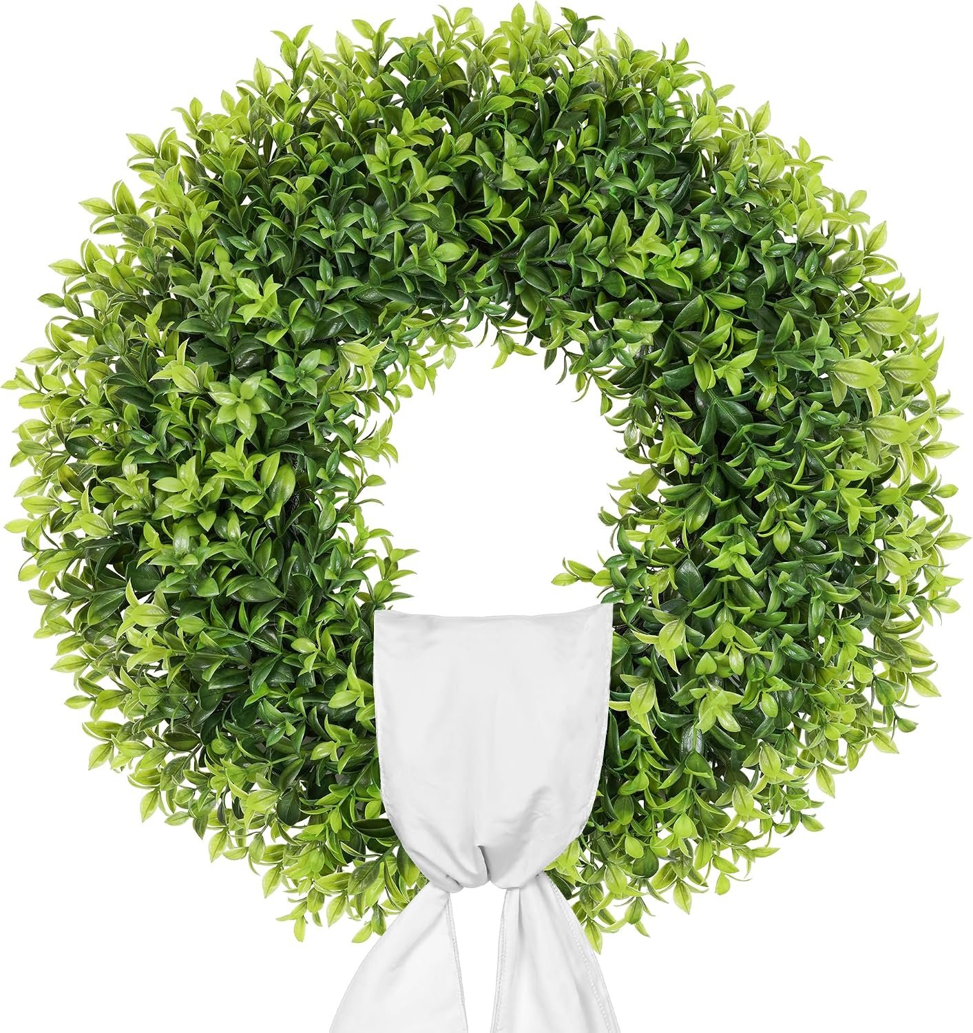 22 Inch Artificial Boxwood Wreaths for Front Door with Sash Outdoor Summer Wreath for Front Door, Spring Green Wreath UV Resistant Waterproof for Wall Window Porch Farmhouse Wedding Year Round