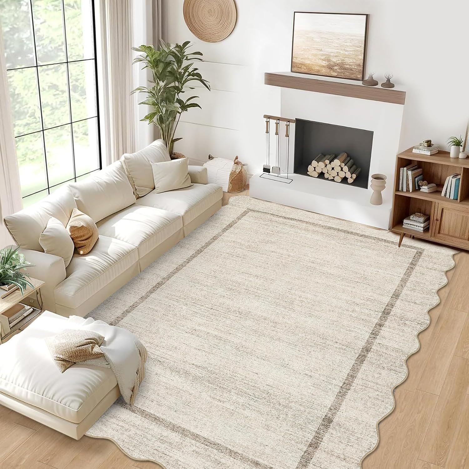 GarveeHome Scalloped Large Living Room Area Rug 8×10 Machine Washable Beige | Modern Rugs Bordered Neutral Rug Non-Shedding Low Pile Farmhouse Carpet for Bedroom Nursery Classroom Dorm 8 ft x10 ft