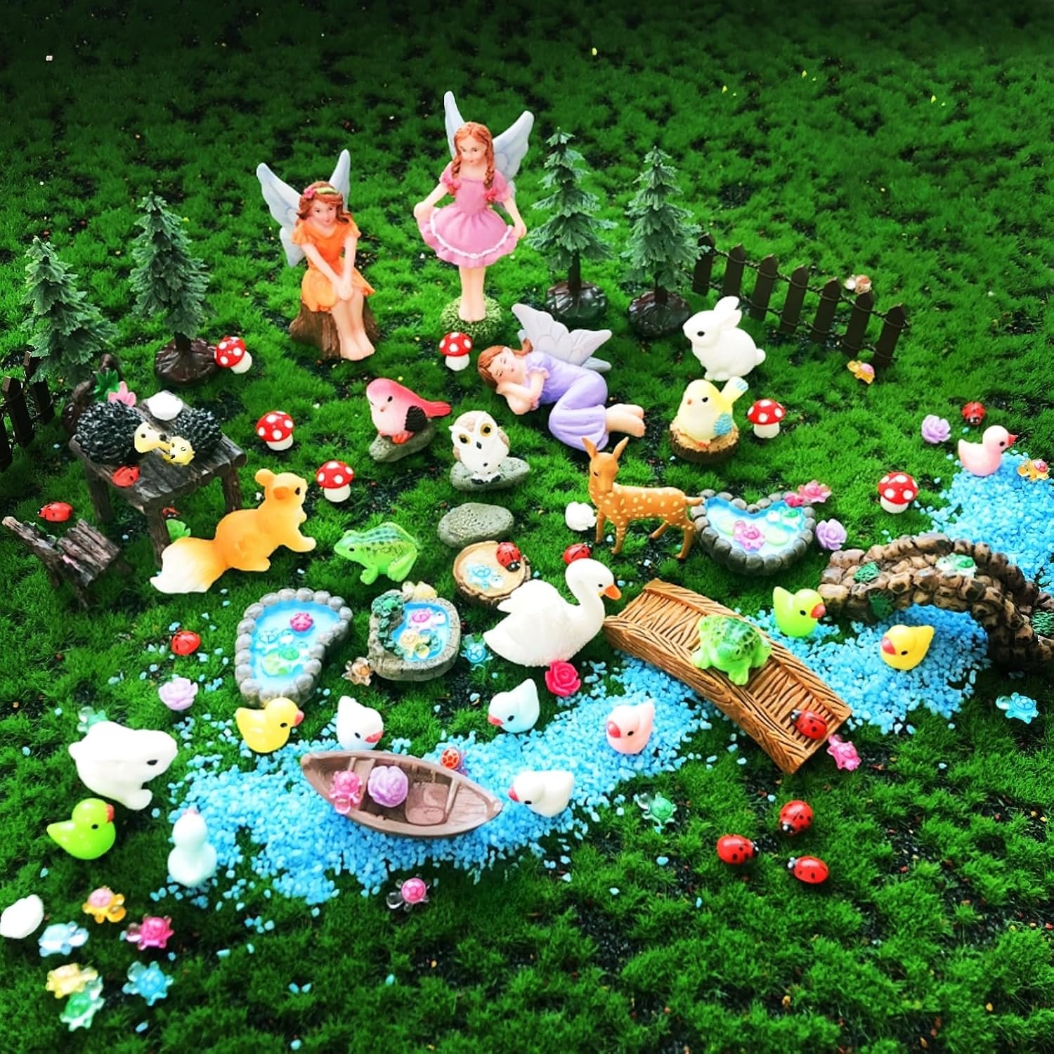 114Pcs Fairy Garden Accessories Outdoor Kit Mini Fairy House Decor Supplies | Resin Fairies Figures with Elves, Deer, Bunny, Squirrel, Owl Figurines for Miniature Garden, Yard, DIY Set