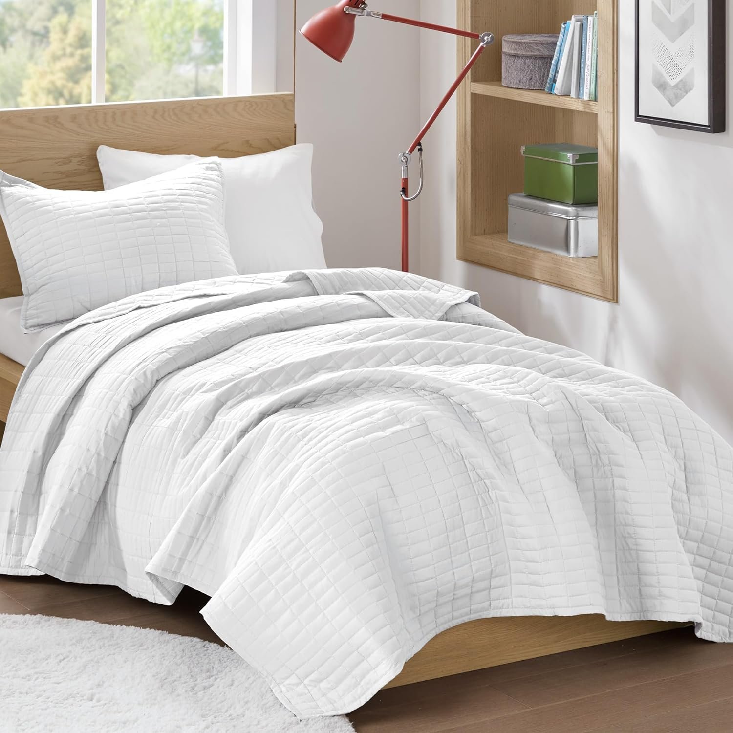 Comfort Spaces Kienna Twin Quilt Bedding Set 2 Piece, 66″x 90″ White | Soft Cozy Lightweight Summer Twin XL Coverlet for College Dorm, Quilted Extra Layer, Modern Casual Bedroom Decor, OEKO-TEX
