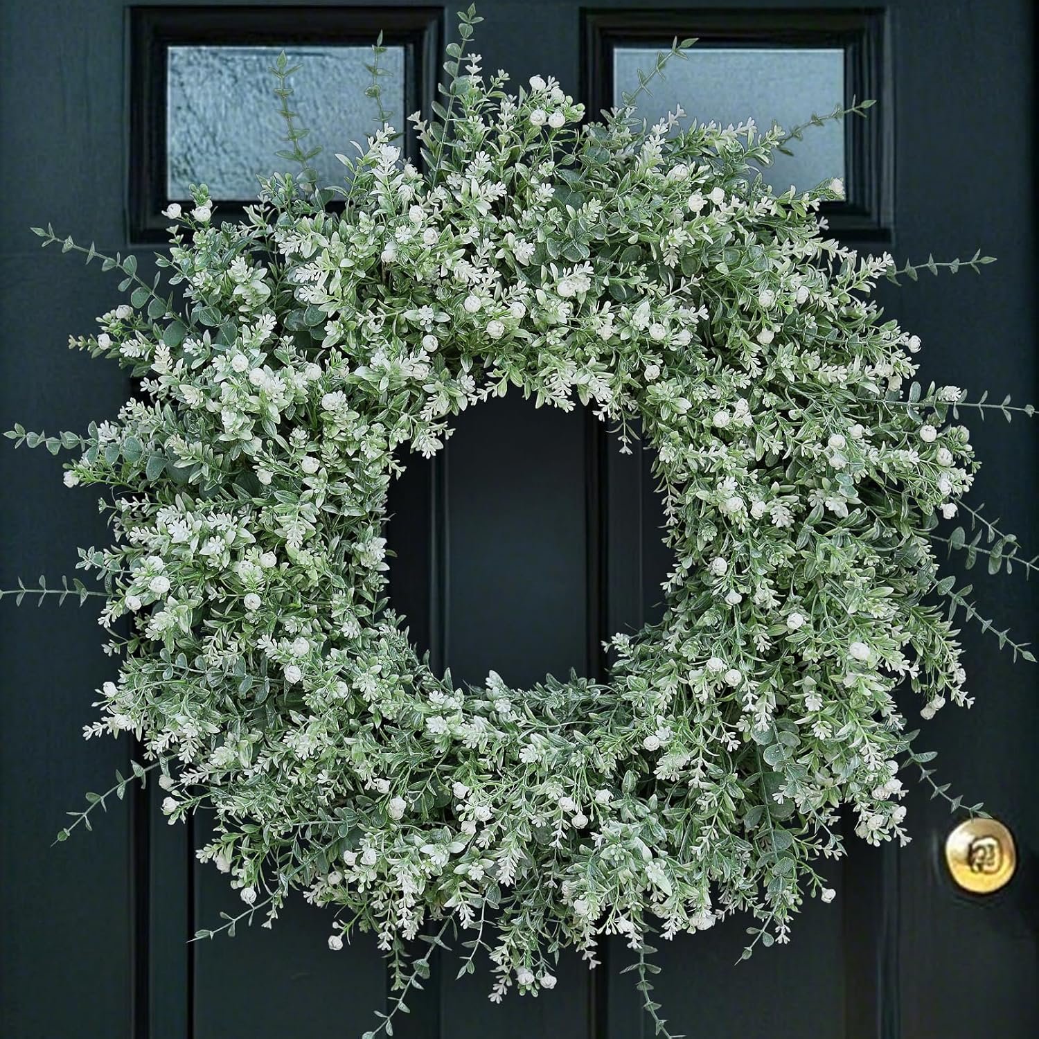 26″ Large Artificial Eucalyptus Wreath for Front Door Decor (White-Green) | Eucalyptus Lavender Wreath with Baby’s Breath Flowers, for Front Porch Home Farmhouse Outdoor Spring Summer All Season Decor