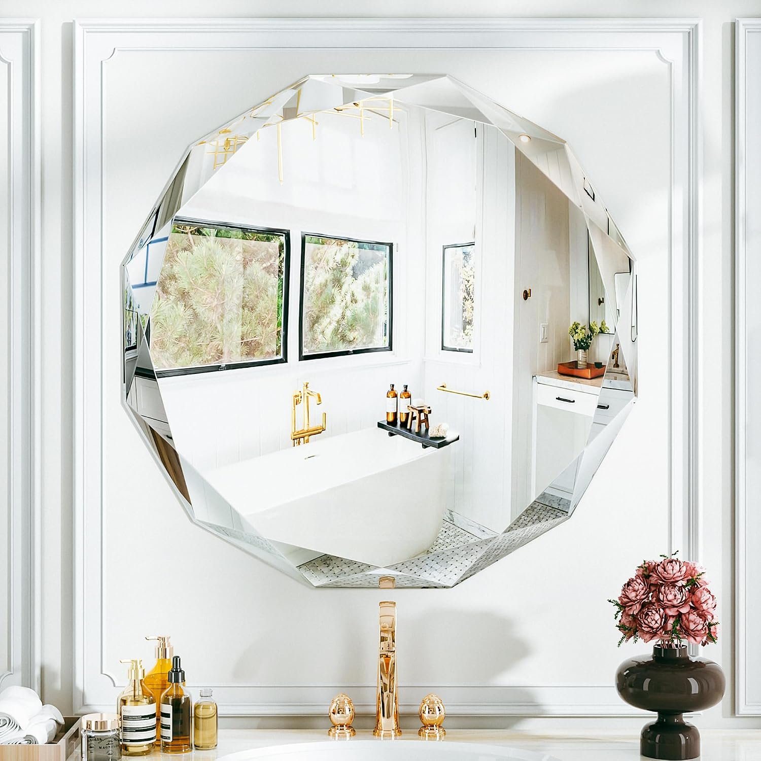 Suidia Bathroom Mirror, 24″x 24″ Wall Mirror, Frameless Bathroom Mirror with Beveled Edge for Bedroom, Living Room, Entryway, Hallway, Round Shape
