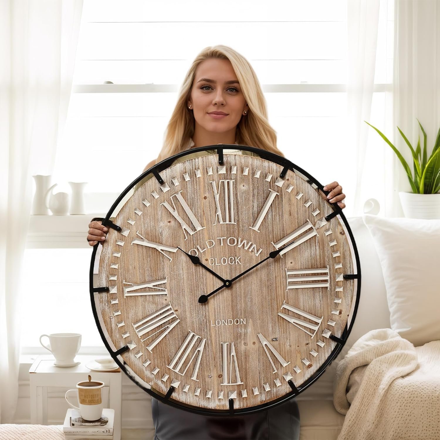 EMAX HOME 30 Inch Extra Large Wall Clock – Farmhouse Rustic Wood & Metal Design Silent Non-Ticking Battery Operated Decorative Oversized Clock for Living Room, Kitchen, Office & Bedroom