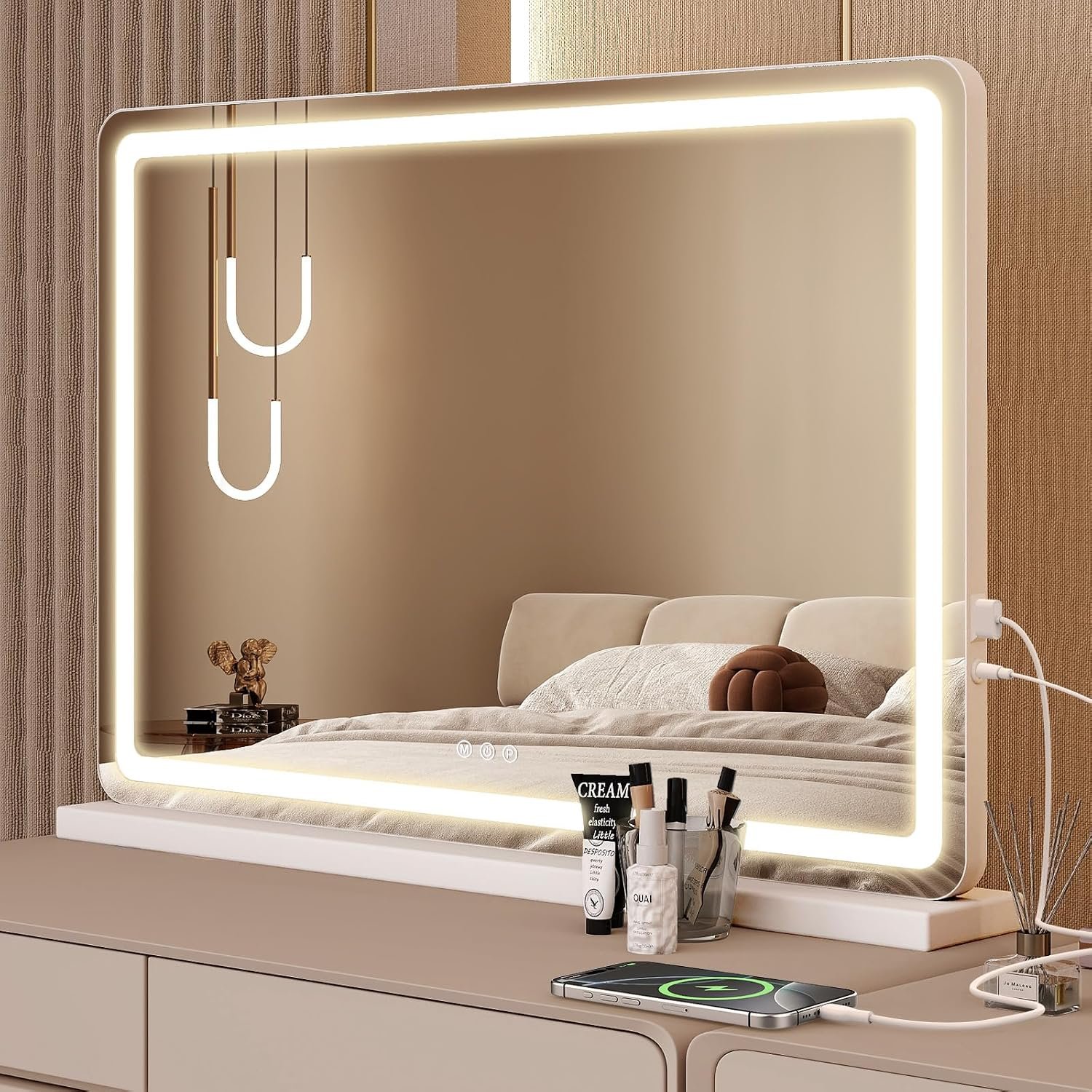 Sweetcrispy 23″x32″ LED Vanity Mirror with Lights, Dimmable 3 Color Modes Makeup Mirror with Memory Function, USB Charging, Aluminum Frame, Lighted Mirrors for Desk, Bedroom, Living Room