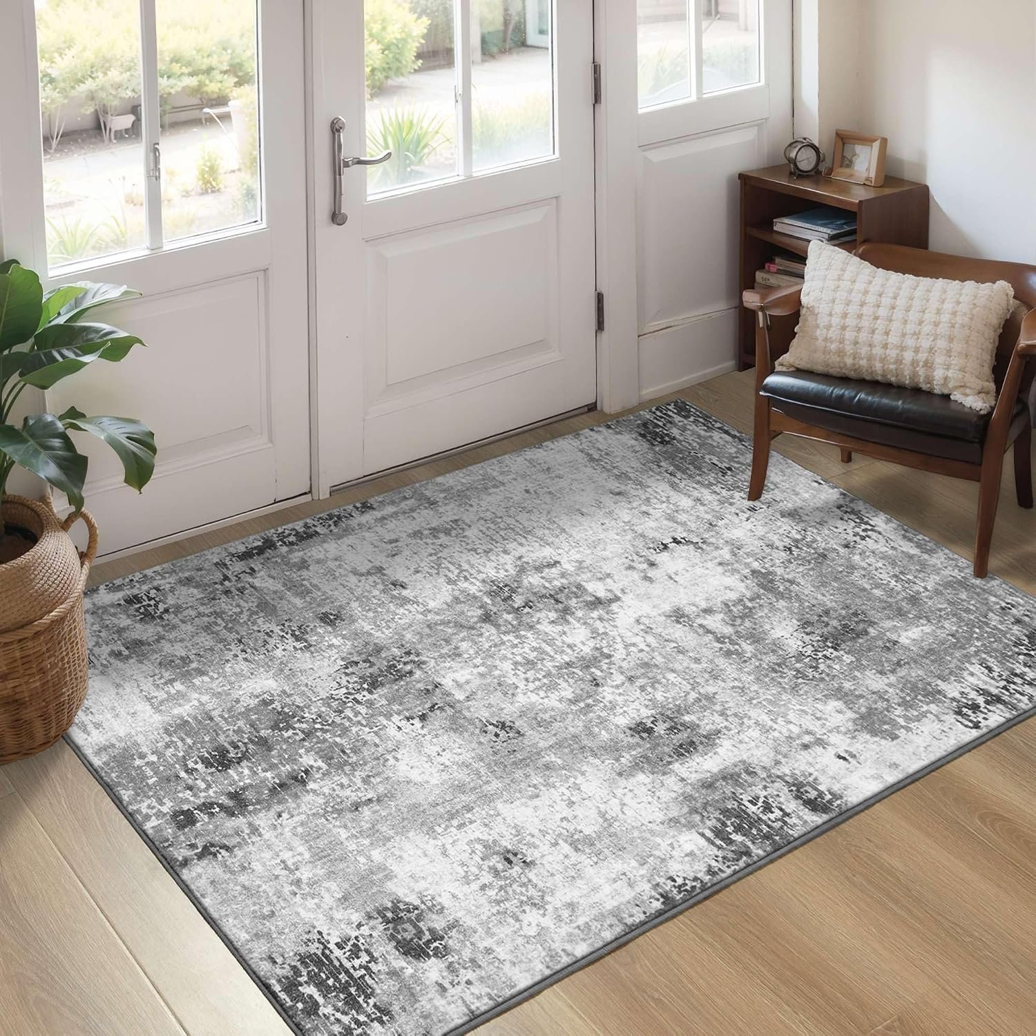 Entryway Rug 3×5 Grey Bedroom Area Rug Washable Non Slip Abstract Boho Rugs for Indoor Entry, Kitchen, Classroom, Bathroom, Kids Girls Room, Office, College Dorm Small Carpet