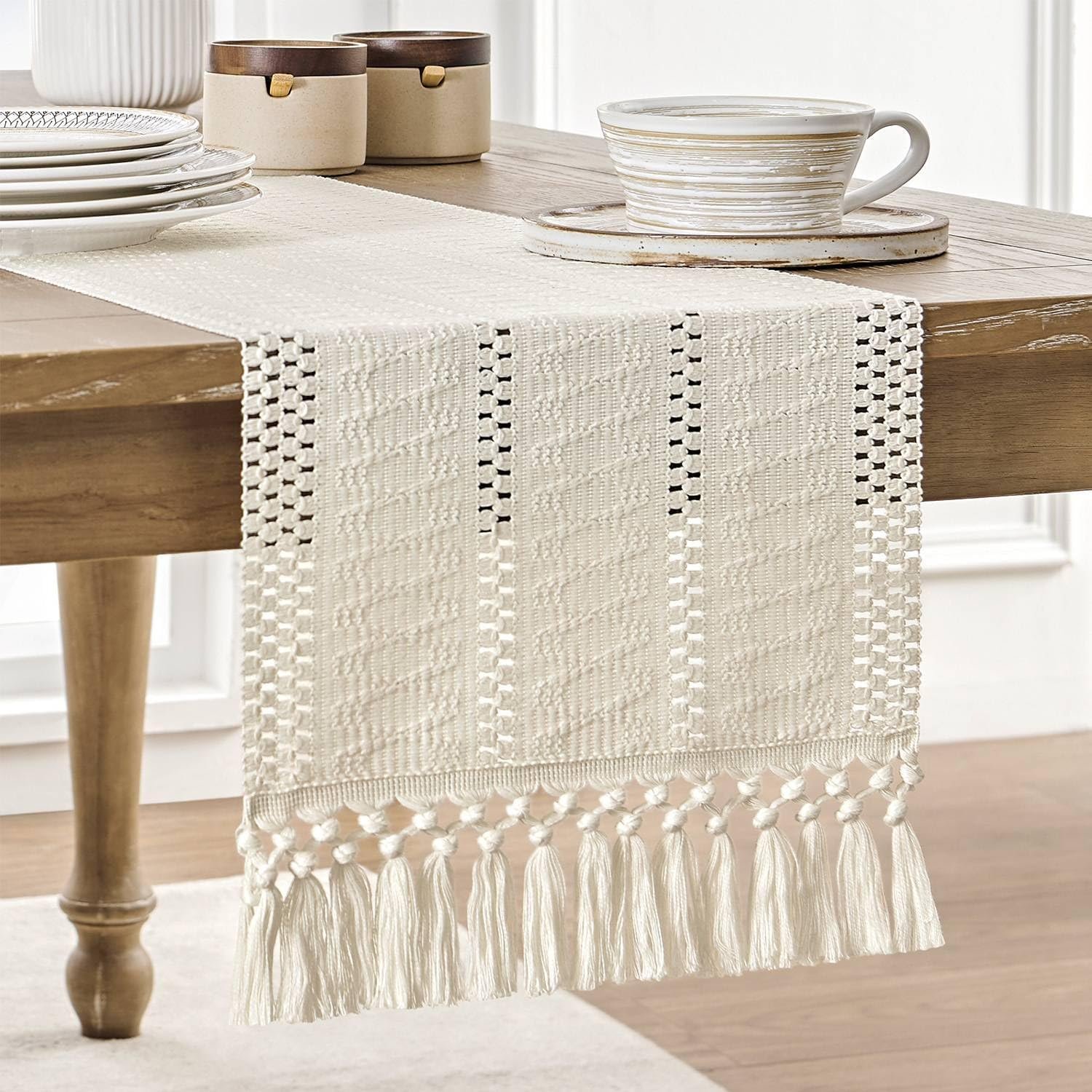 Macrame Style Boho Table Runner, 12×72 Inch Ivory | Woven Boho Table Runner with Handmade Tassels, Crochet Hollow Table Scarf, Farmhouse Kitchen Home Decor Dresser Runner