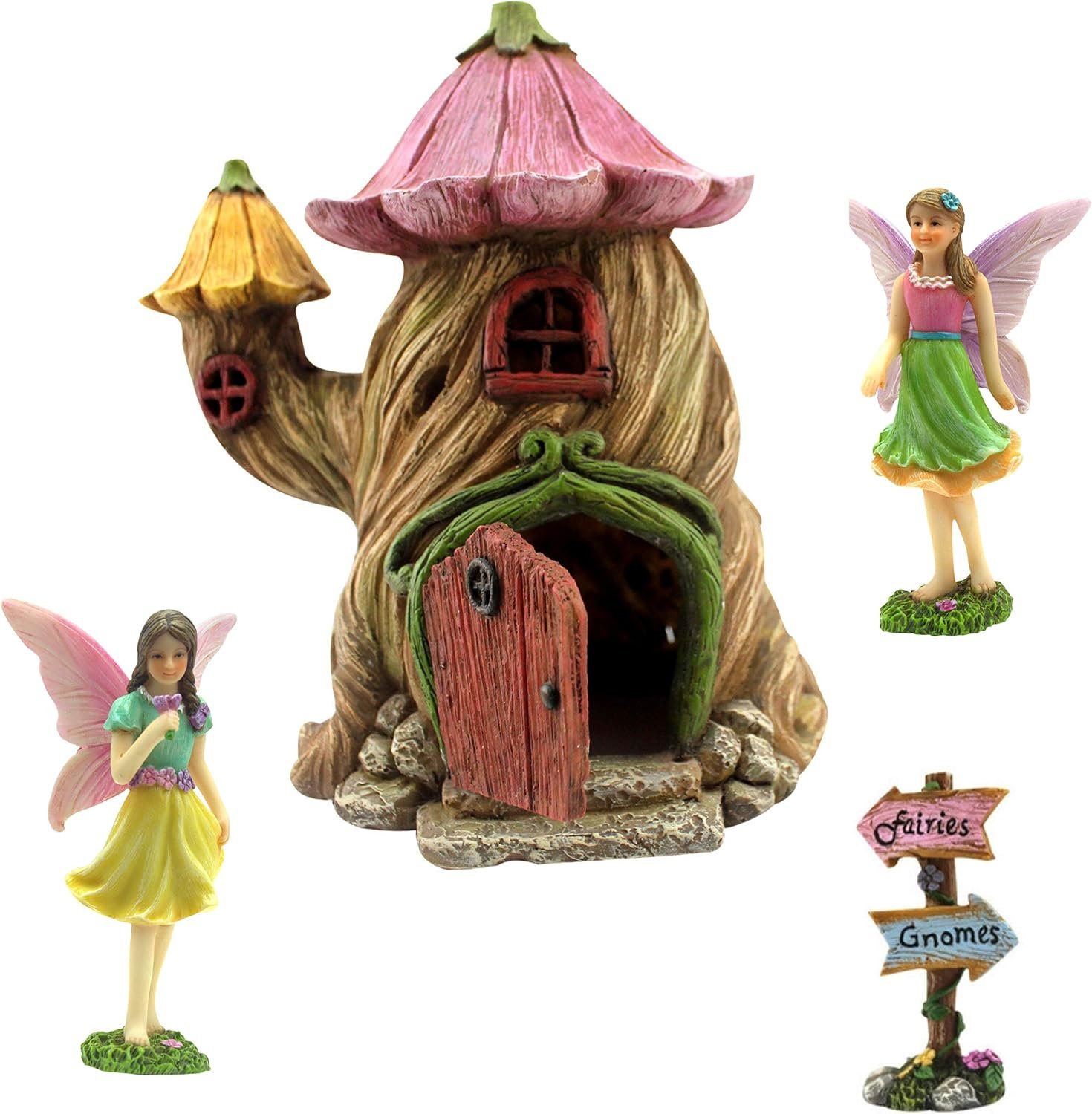 PRETMANNS Fairy Garden House Kit for Outside with Fairies, 7 Inch | Hand-painted resin; 2 fairy figurines plus a signpost; door opens; outdoor and indoor decor