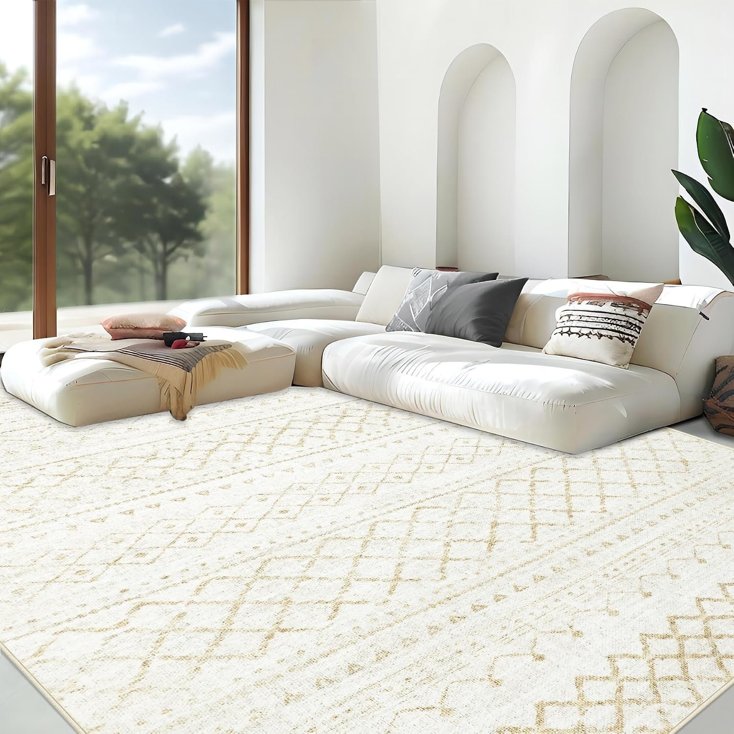 Area Rug for Living Room 9×12: Large Washable Boho Moroccan Rugs Geometric Neutral Rug, Non-Slip Foldable Morden Farmhouse Indoor Floor Carpet for Bedroom Dining Table Home（Beige,9X12）