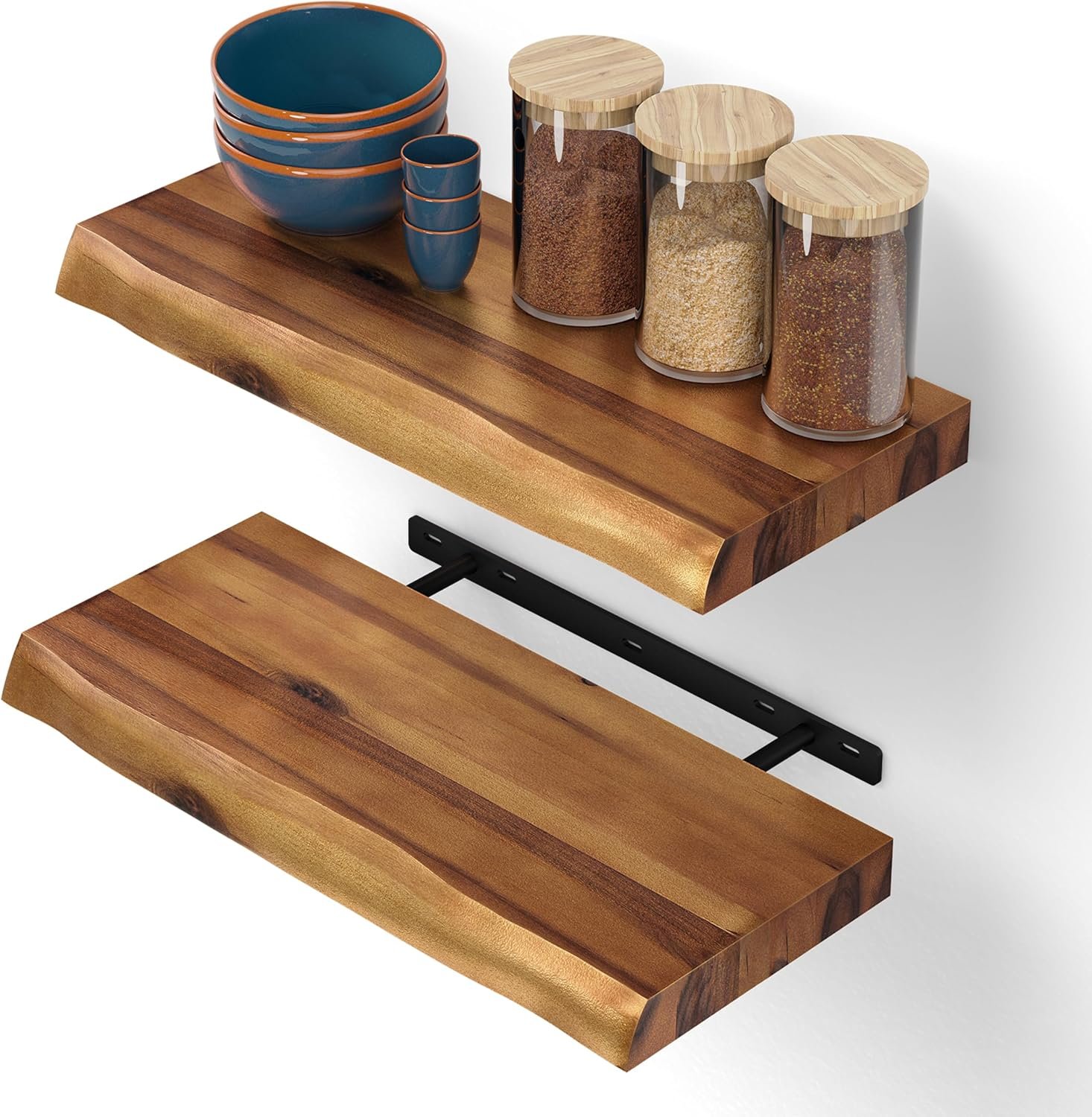 BATODA 17” Live Edge Floating Shelves, Wooden Floating Shelves Set of 2 Pcs | Acacia Wood, Live Edge Design, Concealed Brackets, 100 Lb Capacity, Rustic Farmhouse Decor, Bedroom Decor, Decorative Storage