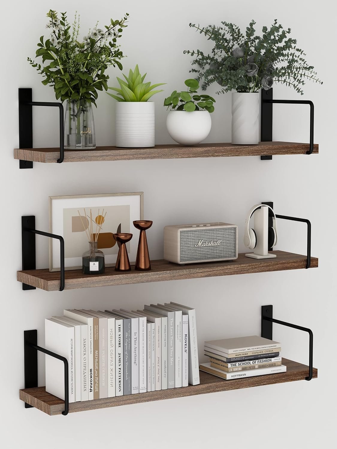 Floating Shelves, 24 In Bookshelves for Room Wall, Shelves on Wall (Brown) | Wall Shelves, Easy to Install Wall Mounted Shelves, Set of 3, Rustic Wood Shelves for Wall Decor, Hanging Shelves