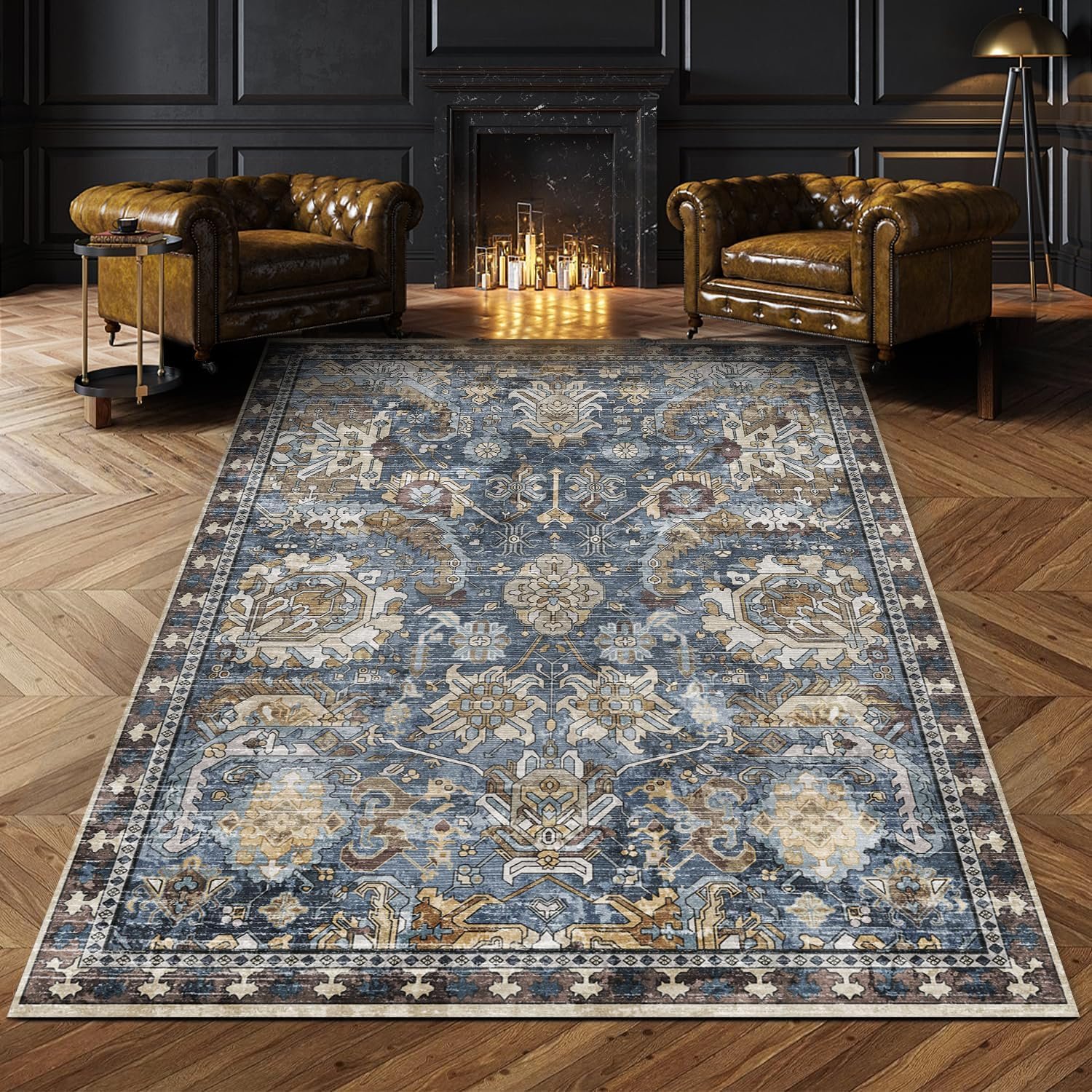 Washable Area Rugs – Perfect for Living Room, Bedroom, Kids Room, Nursery – Stain & Water Resistant Non-Slip, Pet & Child Friendly, Vintage Tribal Area Rugs (Navy, 3′ x 5 ‘)
