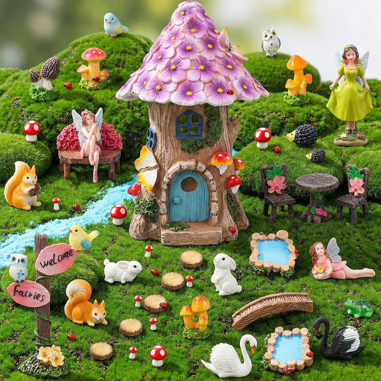 60 Pcs Solar Fairy Garden House Resin Kit | with Lighted Cottage Miniature Fairy Garden Accessories Set for Outdoor Patio Yard Planter Decor DIY Fairy Garden Kit (Fairy)