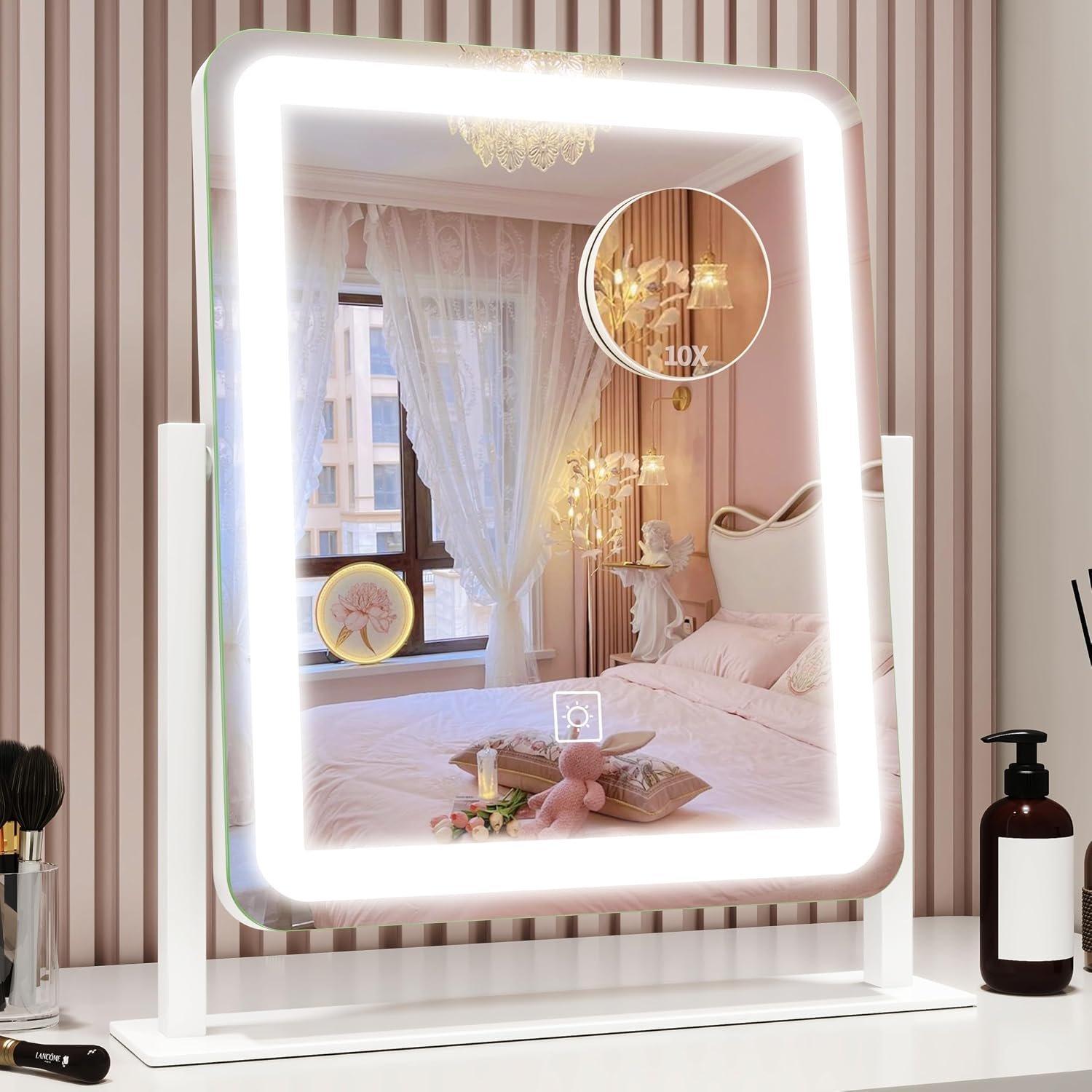 ROLOVE Vanity Mirror with Lights, 12.6″x15″ LED Makeup Mirror with Lights, Smart Touch Control 3 Color Dimmable, Lighted Desk Mirror for Bedroom, Light Up Mirror