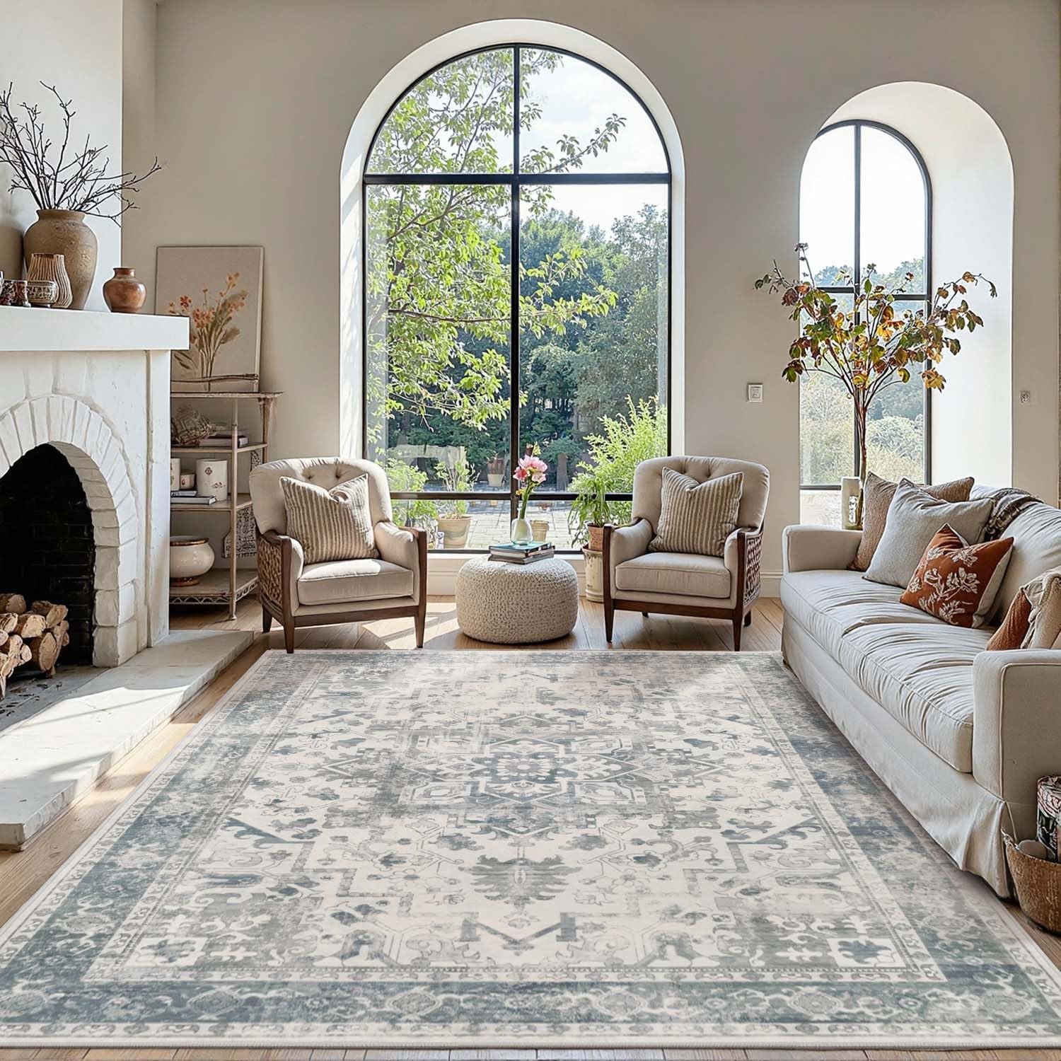 Area Rugs 5×7, Washable Rugs for Living Room,Bedroom,Blue Rug | Non-Slip, Soft Vintage Boho,Blue decor for Office,Dining,Kids Room & Farmhouse,Durable Low Pile Ideal for High Traffic Areas