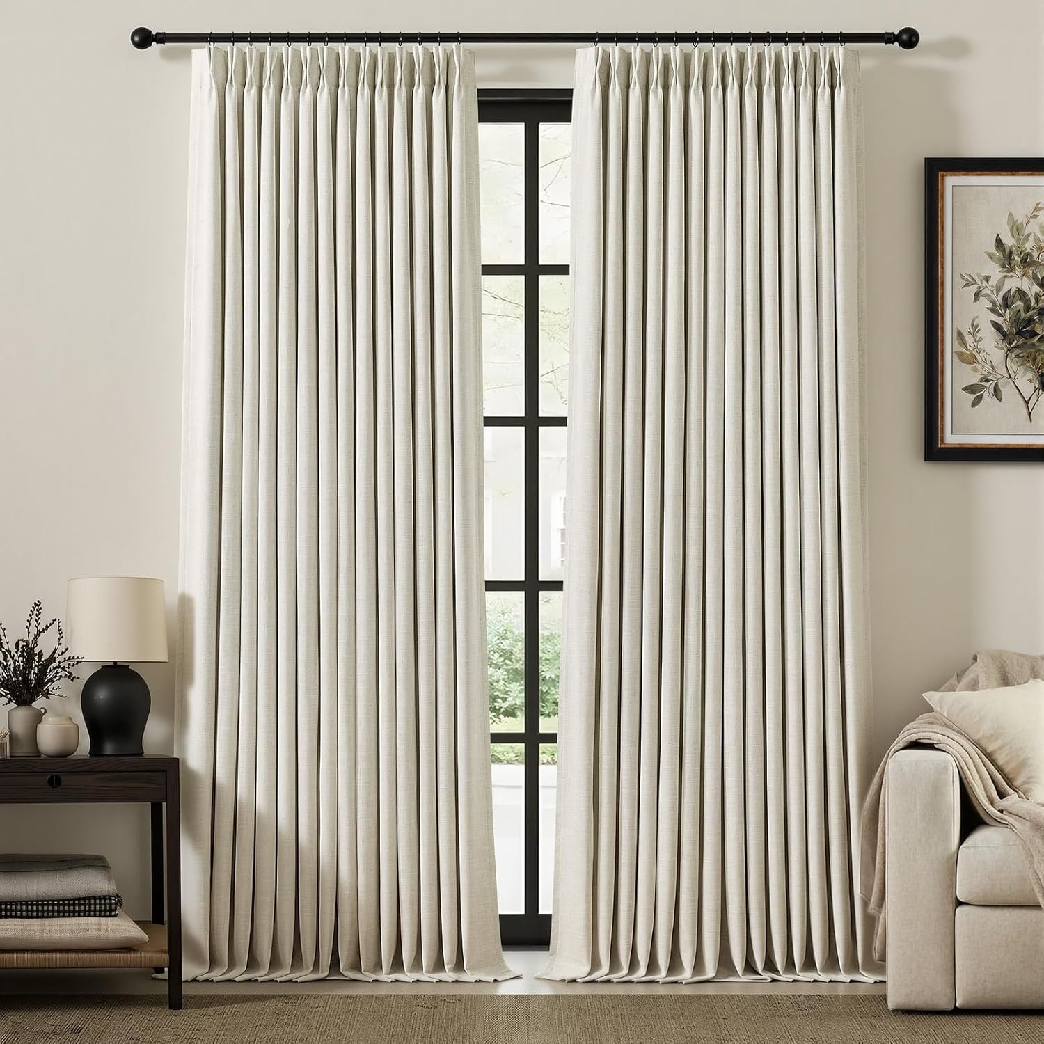 IVAPUPU Pinch Pleated 100% Blackout Linen Curtains 95 Inches Long | Natural Black Out Pleat Curtains, Room Darkening Thermal Insulated, Window Curtain Drapes with Hooks, for Bedroom Living Room