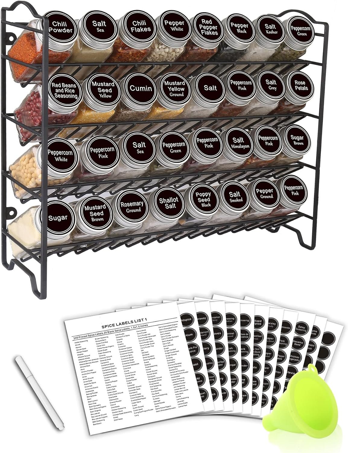 SWOMMOLY Spice Rack Organizer with 32 Glass Spice Jars and 396 Spice Labels | Chalk Marker, Funnel – Spice Organizer for Cabinet, Countertop, Pantry, Cupboard & Wall Mount, 14.8″ W × 12.6″ H, Black