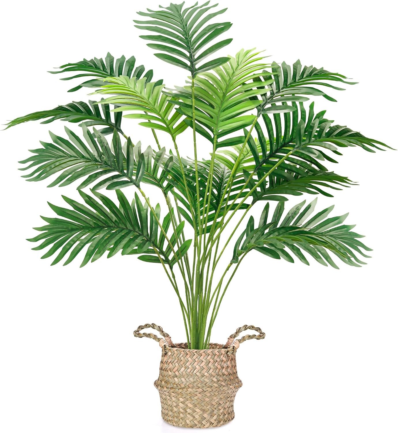 Der Rose 28″ Fake Palm Tree, Artificial Floor Plant with Boho Woven Basket | Faux palm plant adds relaxed greenery beside sofas, beds and reading chairs, giving compact rooms an easy boho floor decor