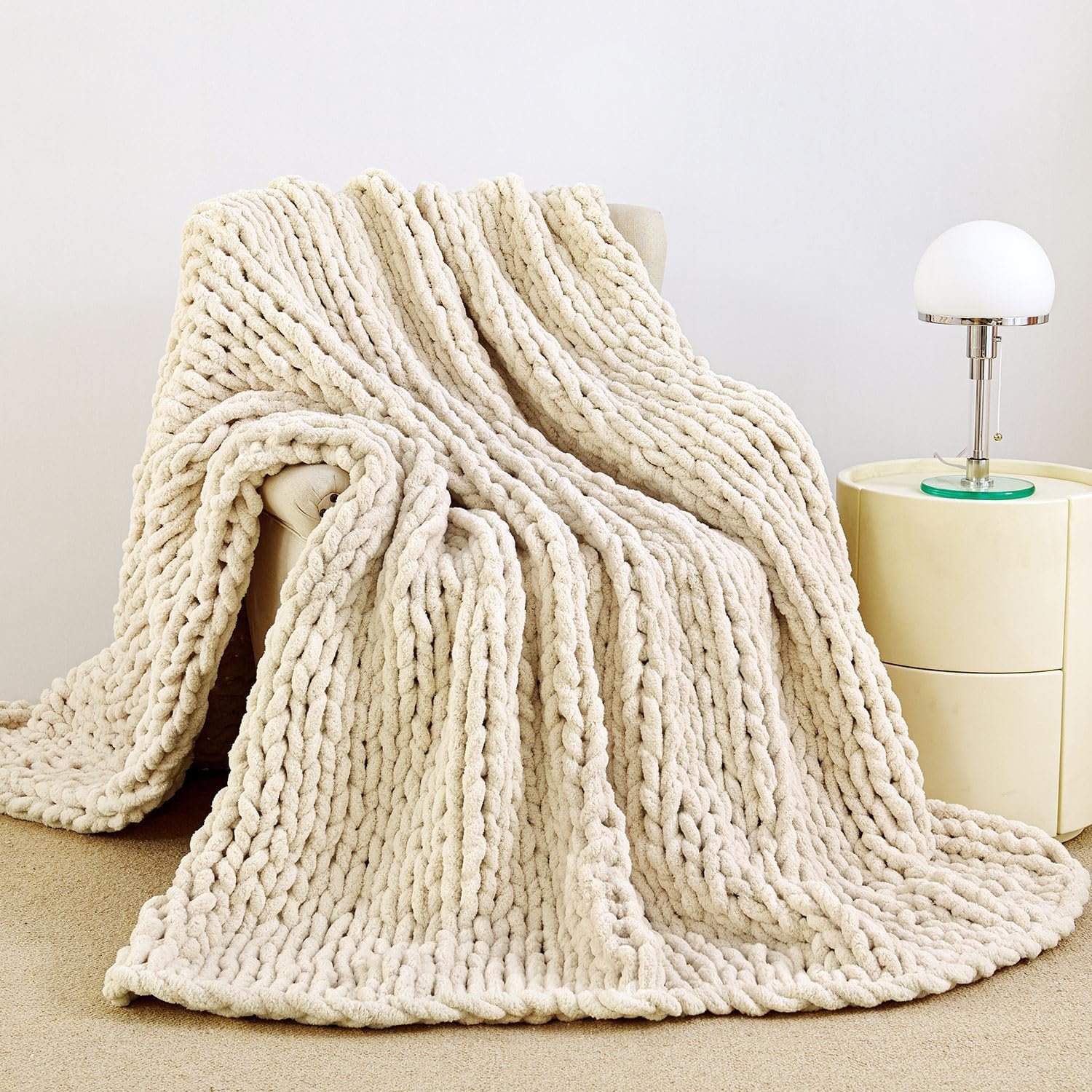 Chunky Knit Blanket Throw for Couch, 51″x63″ Chunky Yarn Knitted Blankets | 100% Hand Knit Thick Chenille, Soft Breathable for Bed, Sofa, Home Decor, Cozy Gifts for Women Friends, Ivory