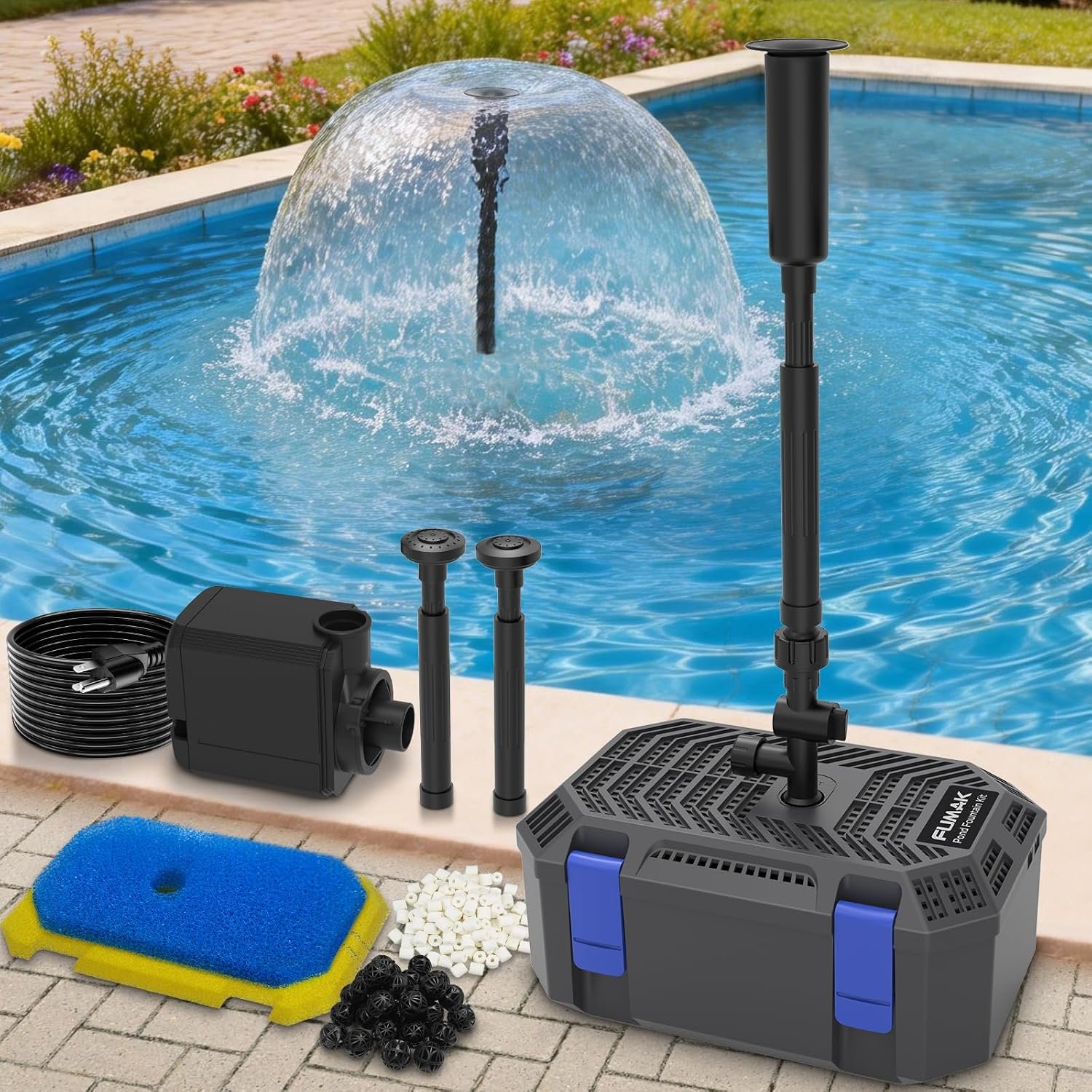 Pond Filter & Fountain Kit with 3 Spray Heads, All-in-one 400GPH Pond Fountain Pump with 4-Stage Filtration, for Garden, Water Feature, 200-350 Gallon Outdoor Koi Fish Ponds