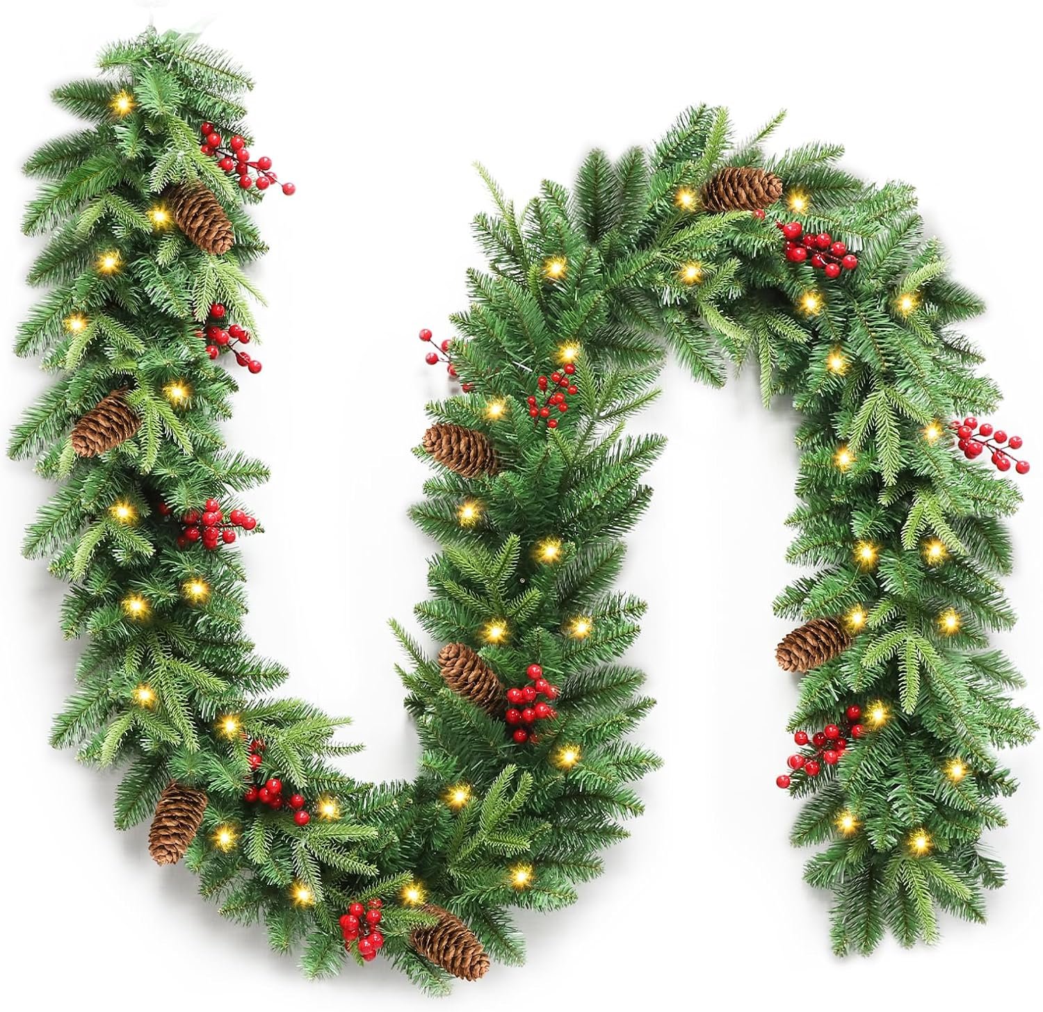 9 ft Pre-Lit Christmas Garland with 30 LED Lights, Pine Cones and Berries | Battery-operated garland with 240 tips, pine cones and red berries for mantels and stairs; 3 AA batteries not included