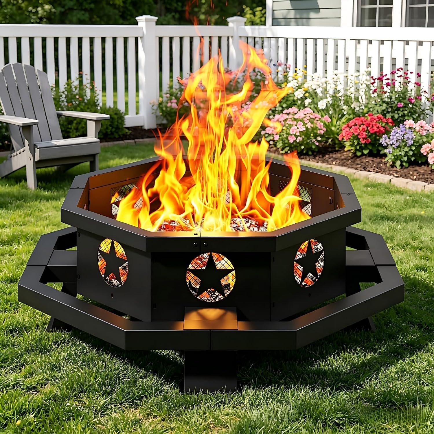 43 inch Large Fire Pit, Outdoor Fire Pit with Heavy Duty Construction, Wood Burning Fire Pits for Outside Octagonal Firepit for Camping, Backyard, Patio, Black