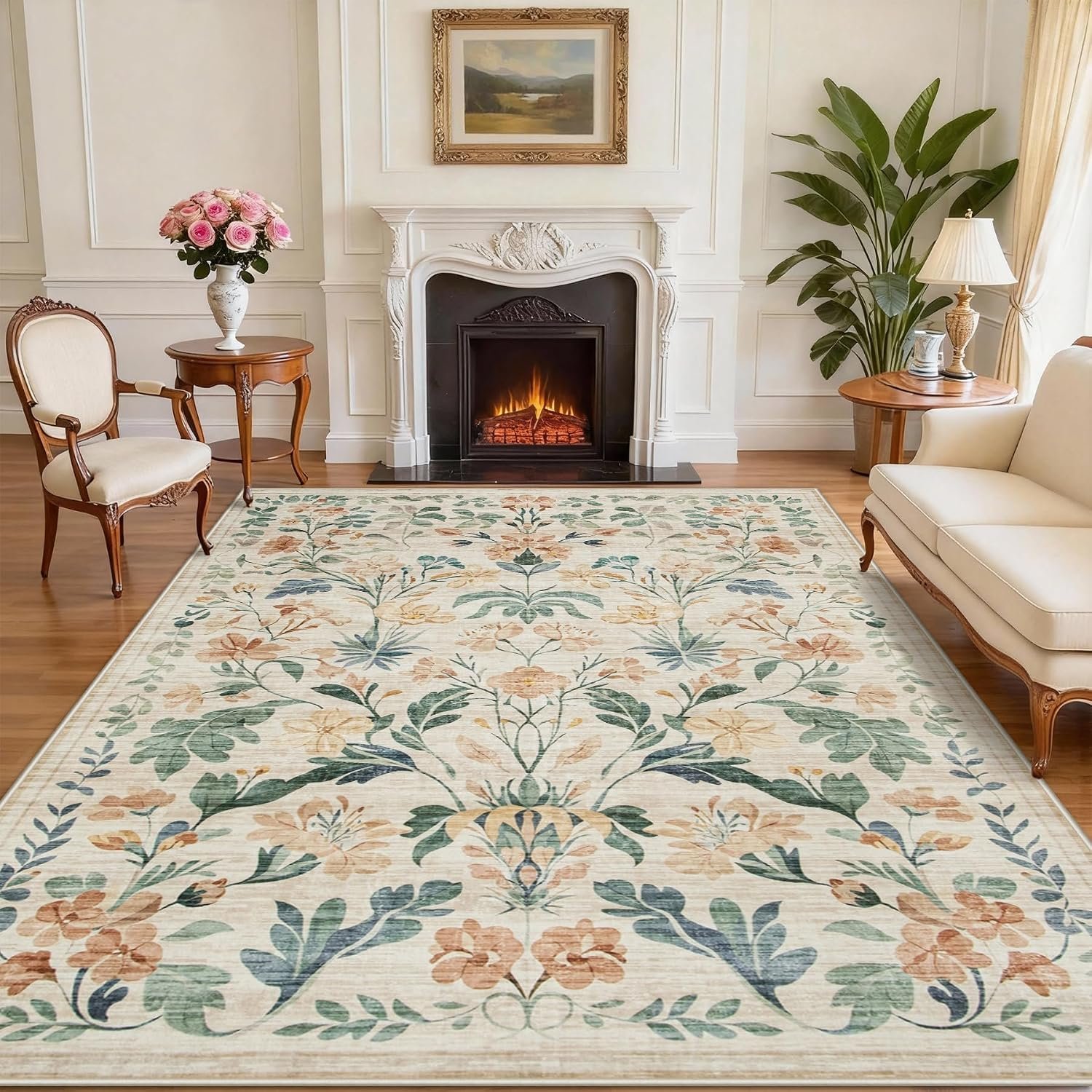 9×12 Area Rugs Boho Floral Washable Living Room Rug Neutral Carpet Bedroom | Beige, Farmhouse, Large, Playroom, Kids, Soft, Non-Slip, Non-Shedding, Stain Resistant, Dining Room, office, Indoor