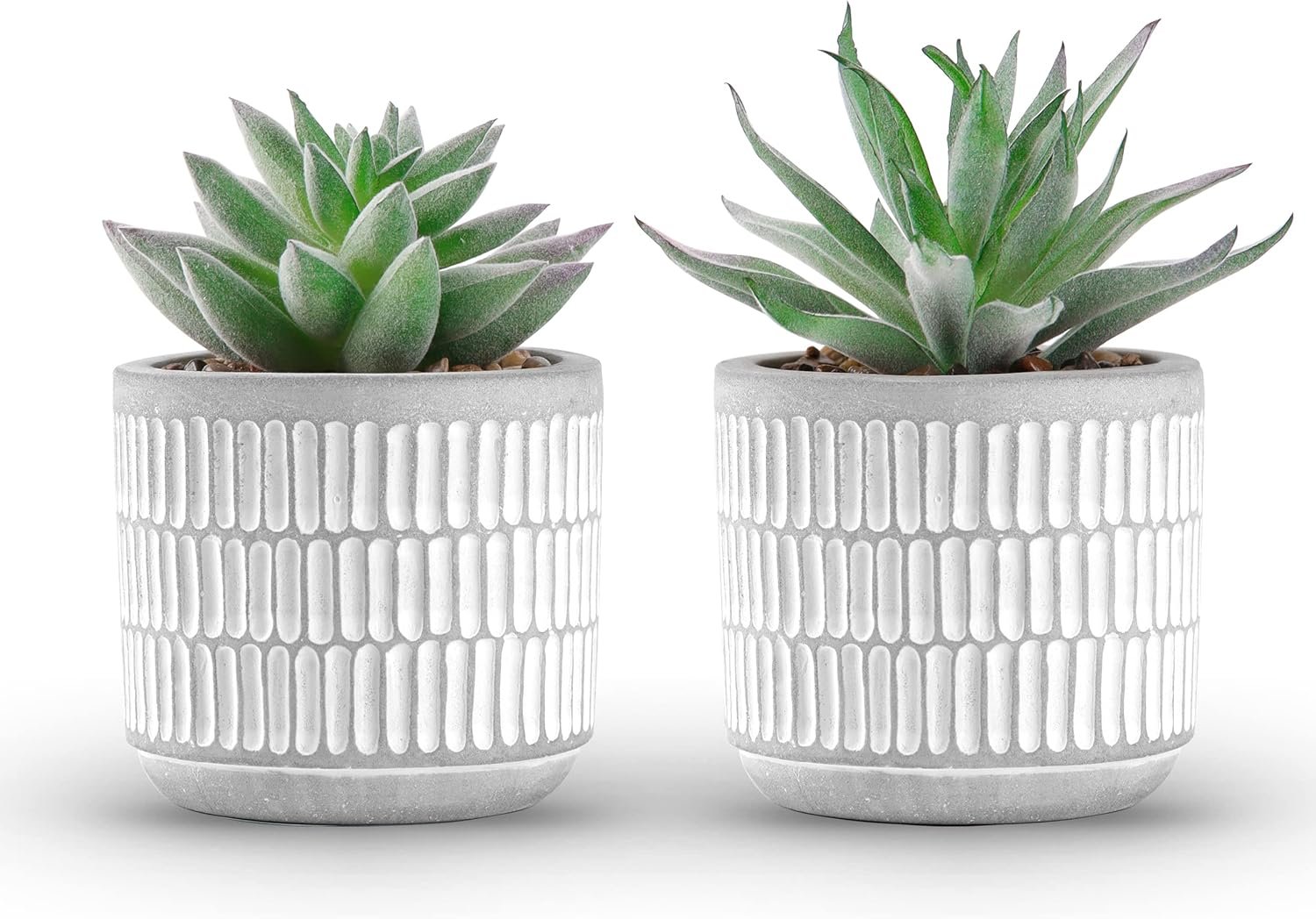 Der Rose 2 Pack Fake Succulents in Striped Ceramic Pots for Shelf Decor | Sturdy cement ceramic planters, realistic small fake plants,no watering for bathroom office desk decor,pet-friendly