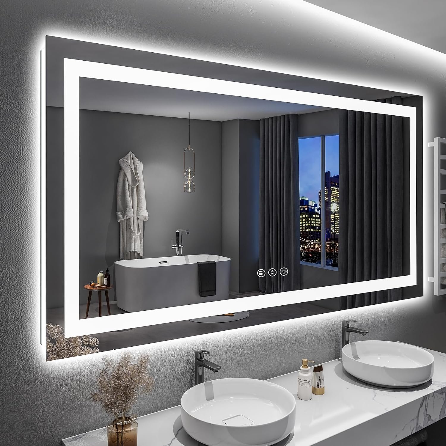 60×36 Inch LED Bathroom Mirror with Lights Front and Backlit Lighted Vanity Mirror for Bathroom Wall with 3 Colors Dimmable Anti-Fog Memory Shatter-Proof IP54 Waterproof Horizontal/Vertical