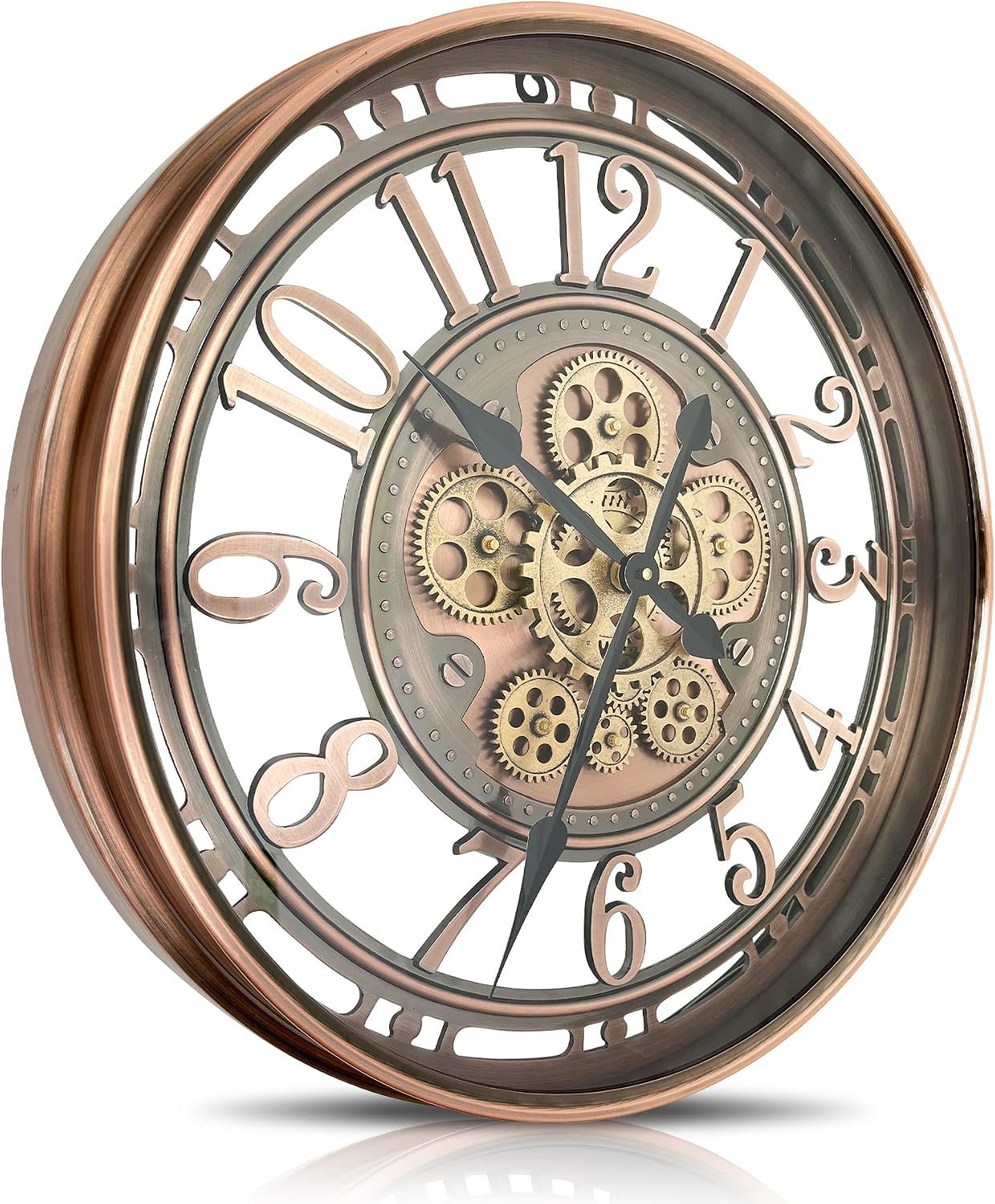 Real Moving Gears Wall Clock Large Modern Metal Clocks for Living Room Decor, Industrial Steampunk Unique Vintage Rustic Decorative Clock for Home Farmhouse Office, 21 Inch Red Copper Arabic
