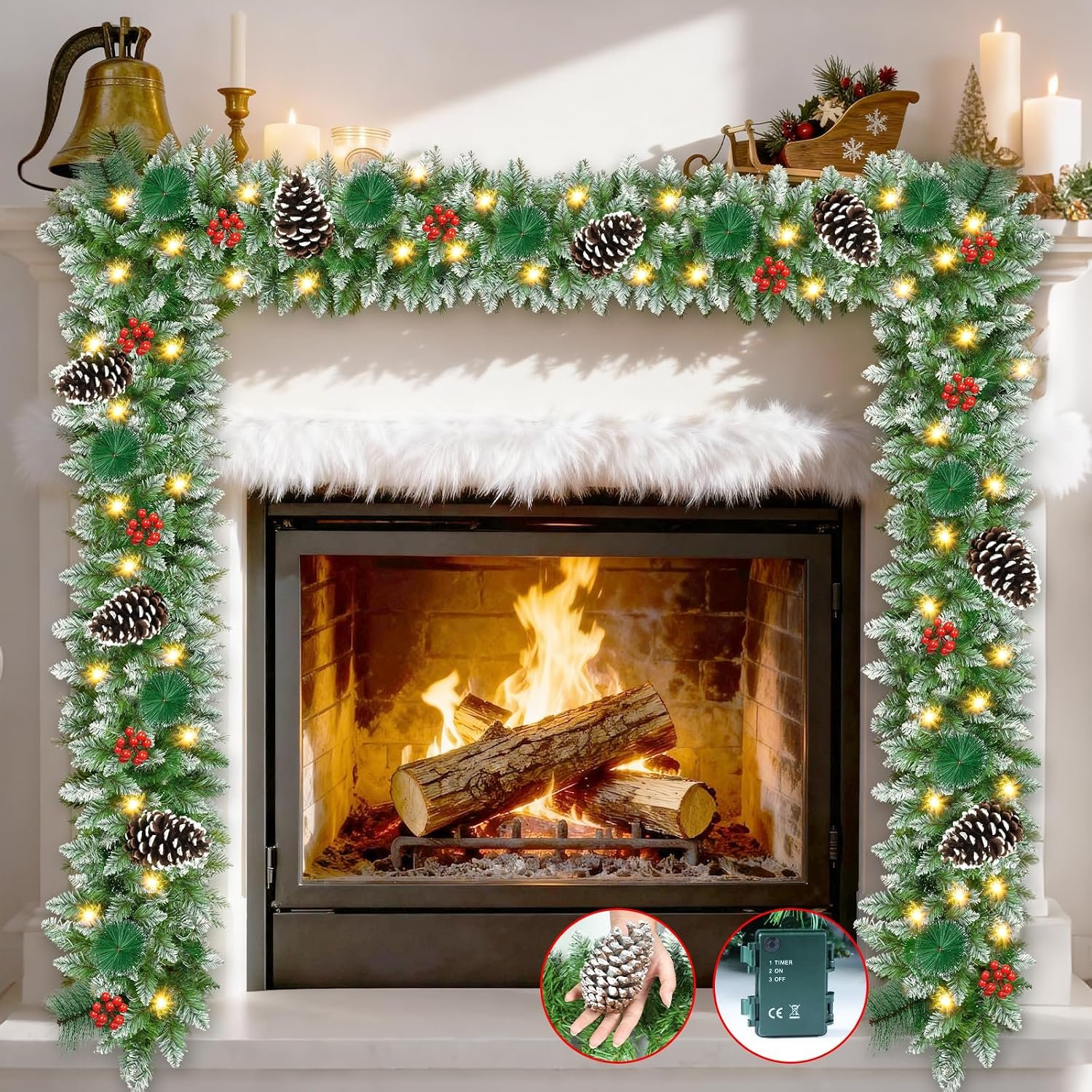 Christmas Garland, 9Ft Christmas Garland with Lights & Timer, 50LED Waterproof Battery Operated Lighted Garland Outdoor, Indoor Prelit Garland for Mantle, Stairs, Outside Christmas Decor Decorations