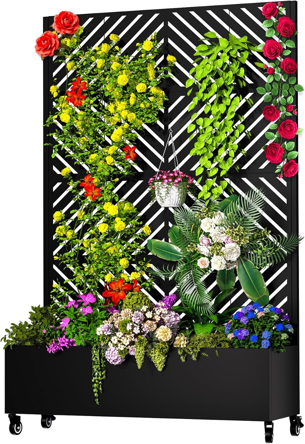 MTART Metal Planter Box with Trellis, 72.1″x47.2″x16″ Outdoor Galvanized Raised Garden Bed with Privacy Screen & Drainage Holes & Lockable Casters for Climbing Plants, Vegetable (Arrow-Black1)
