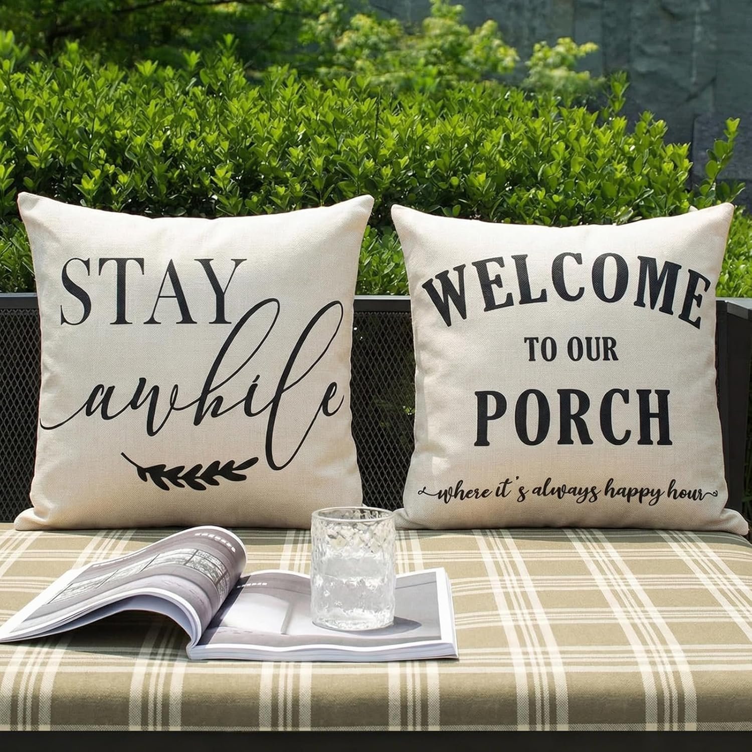 Front Porch Decor Pillows Outdoor Throw Pillow Covers Waterproof 18×18 | Set of 2, No Inserts, Stay Awhile Sign, Patio Pillows Outdoor Waterproof, Weather Resistant Outdoor Pillows, Porch Decor