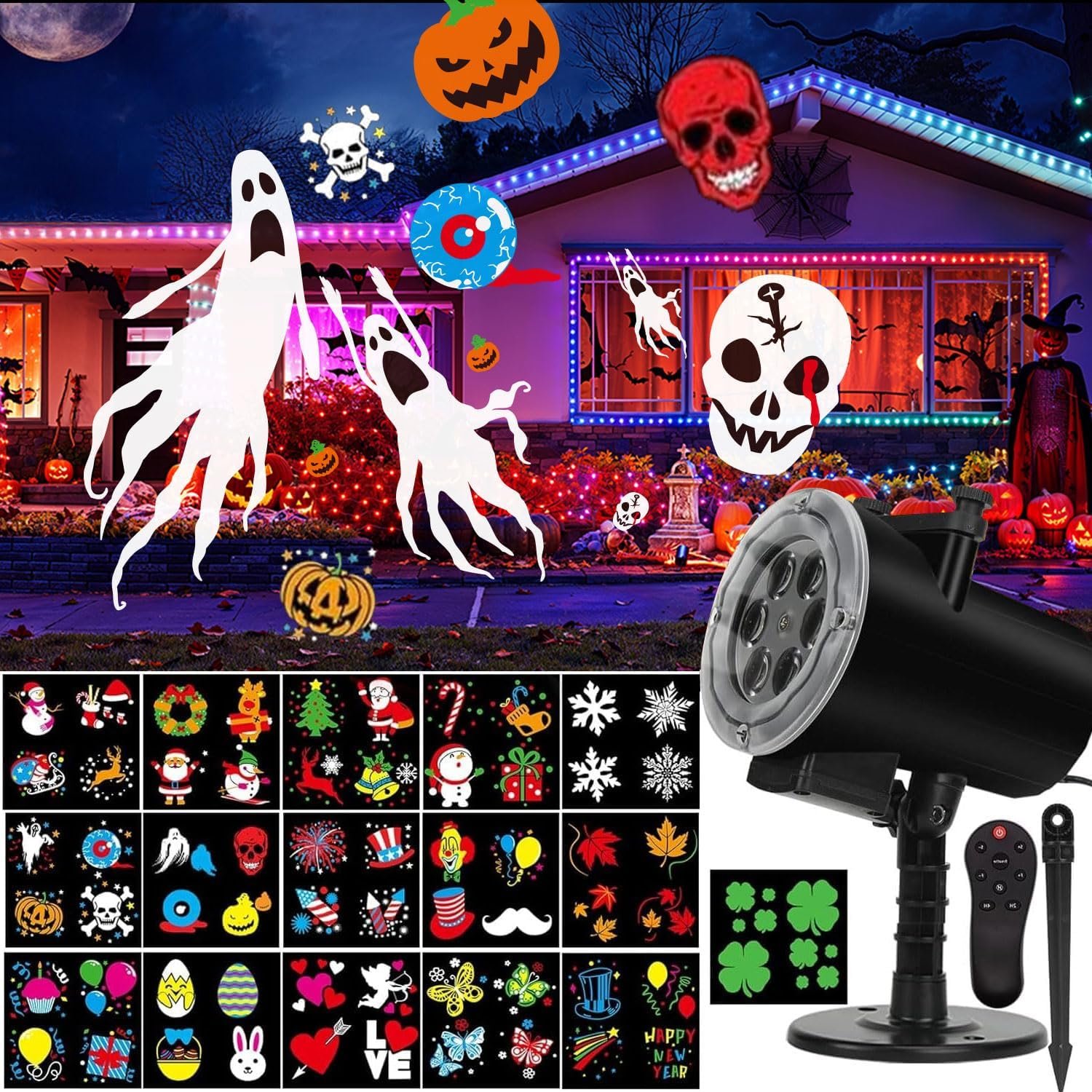 Halloween Christmas Projector Lights, Led Holiday Projector Light with 16pc Slides Patterns IP65 Waterproof Outdoor Indoor for Xmas Birthday Party