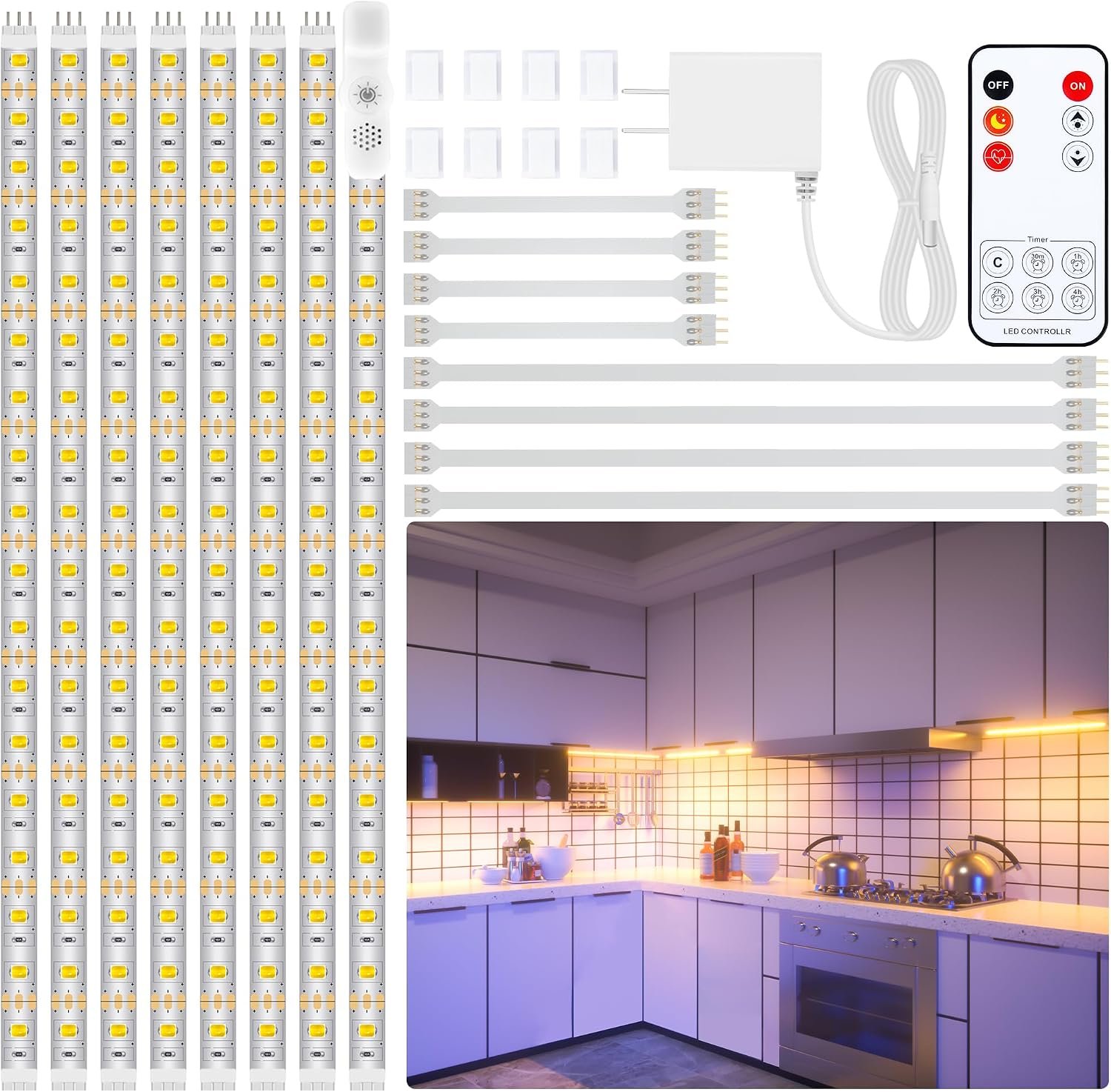 LAFULIT 8 PCS 20in Under Cabinet Lighting Kit, 2700K | Warm White Strips, Pre-Cut Flexible Design, Remote and Power Adapter, 13ft Total Length, For Shelf Desk Counter