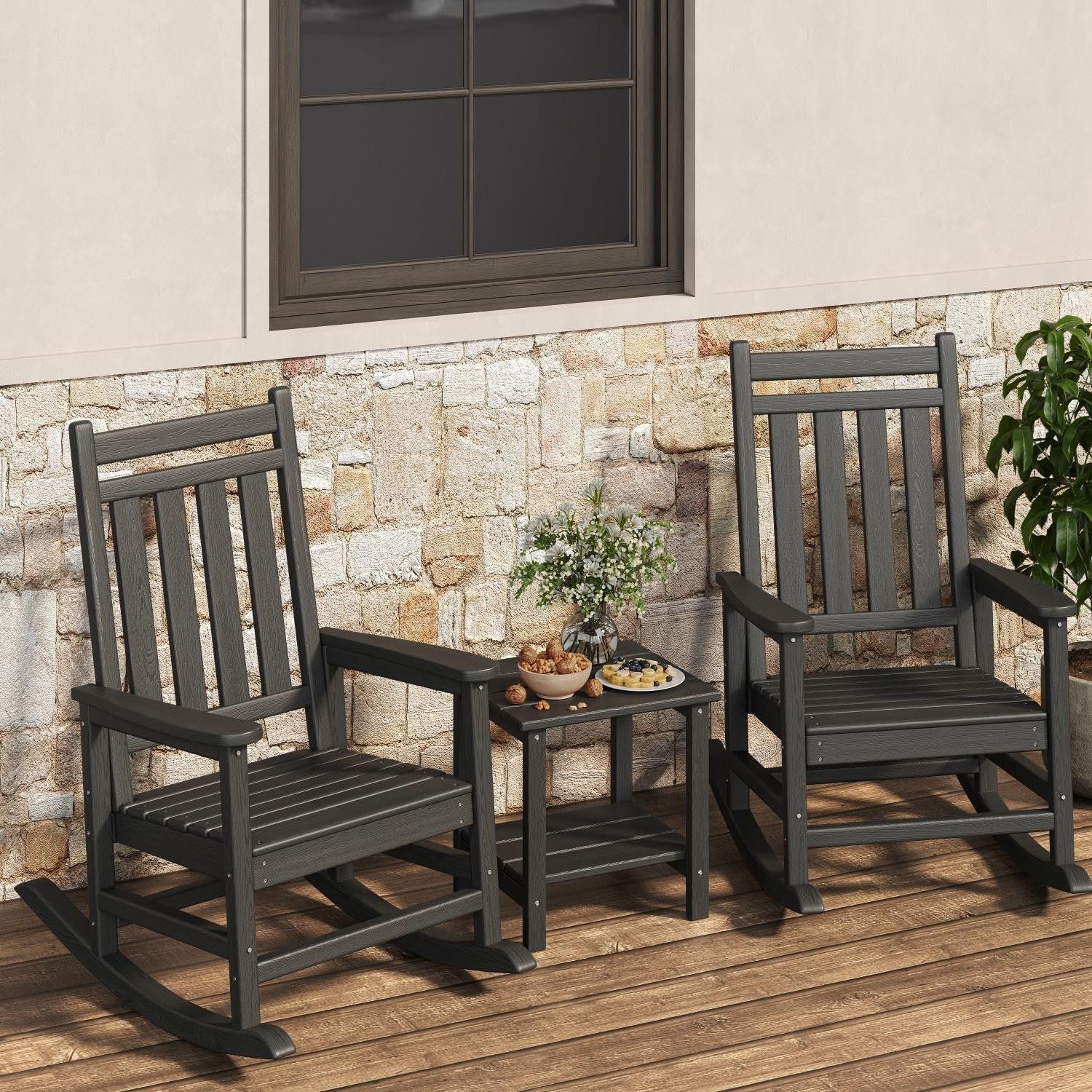 HDPE Rocking Chair Outdoor Set of 2 with Side Table, High Back Rocker | All Weather Resistant & Wood Textured Furniture for Patio Front Porch – Black