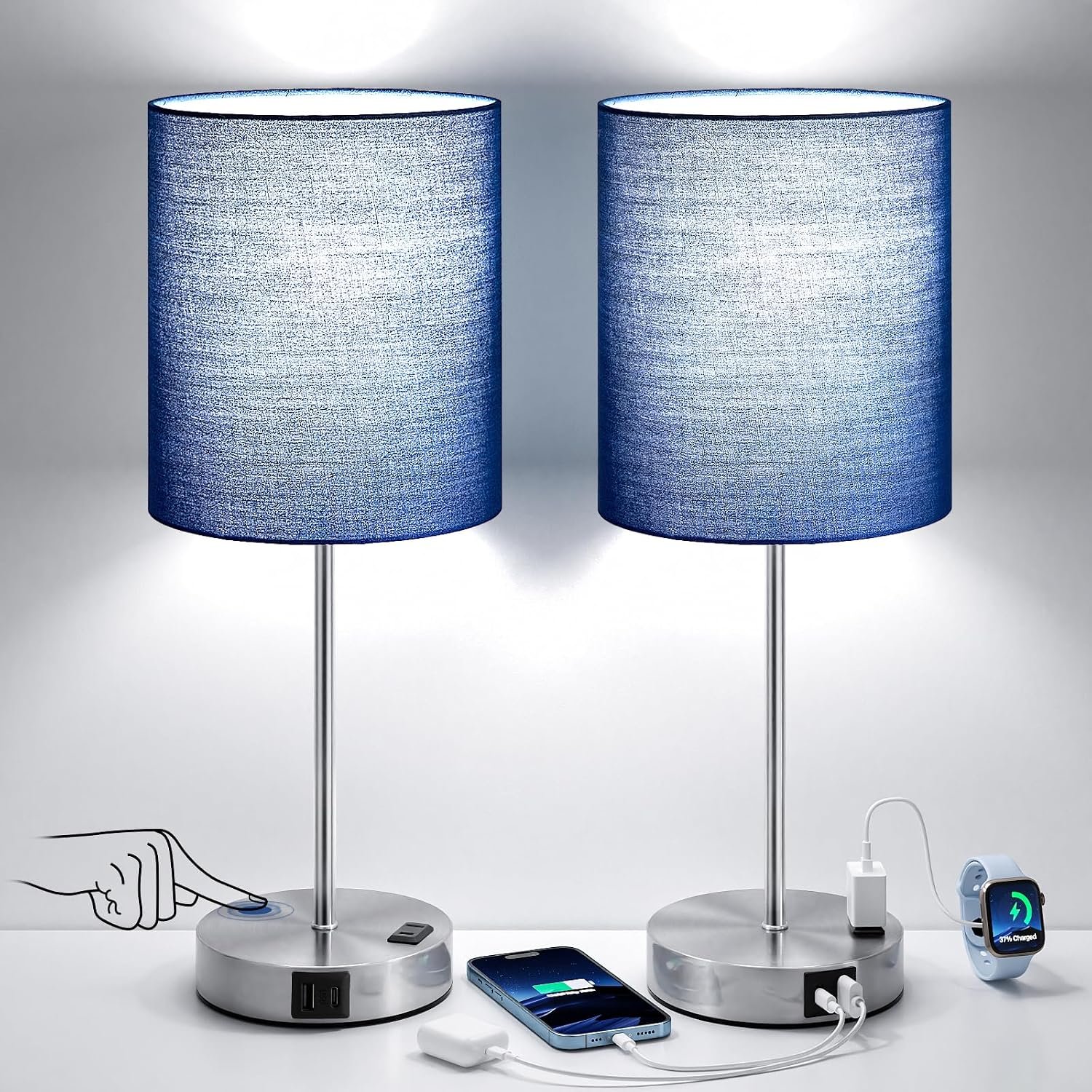 Touch Lamps for Bedroom Set of 2 – Dimmable, USB C+A, AC Outlet | Large 17.6″ Tall Lamp, 3-Way Dimming, 5000K Daylight Bulbs, Navy Blue Lampshade Silver Base, Decor for Living Room, Boys, Men
