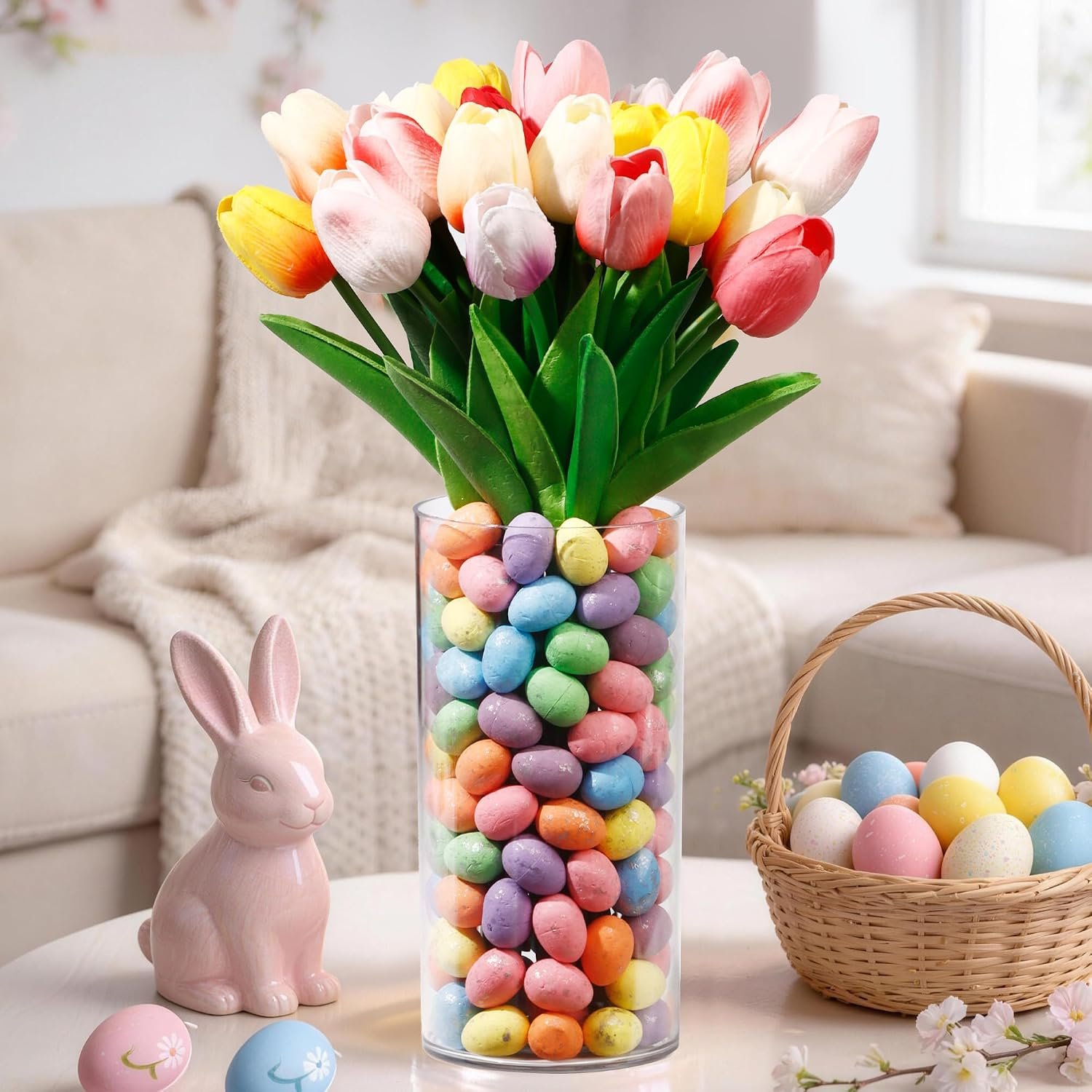 ALFEVA Easter Decorations-Vase in Vase and Approx 100pcs Easter Eggs Filler, Vaseset Ready to Display，Spring Decorations for Home Table (No Flowers)